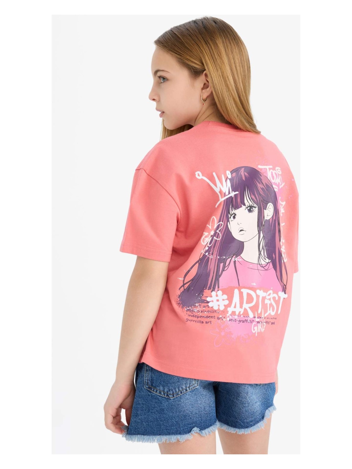 DeFacto Relax Fit Bisiklet Yaka Sırt Baskılı Kısa Kollu Tişört Kız Çocuk E0387A825SM - Görsel 4