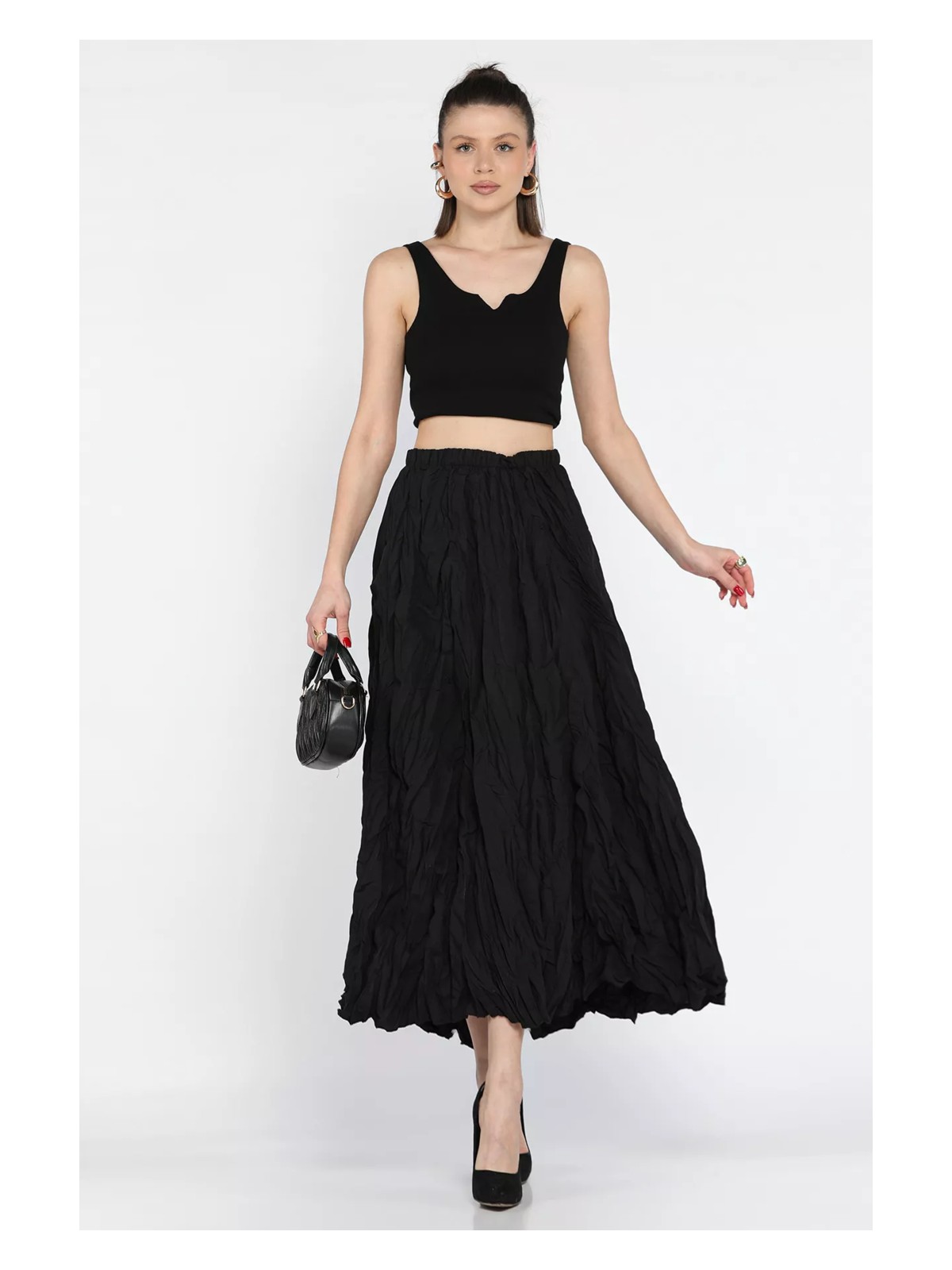 Gülseli Kadın Bel Lastikli Krinkıl Vual Etek - Görsel 3