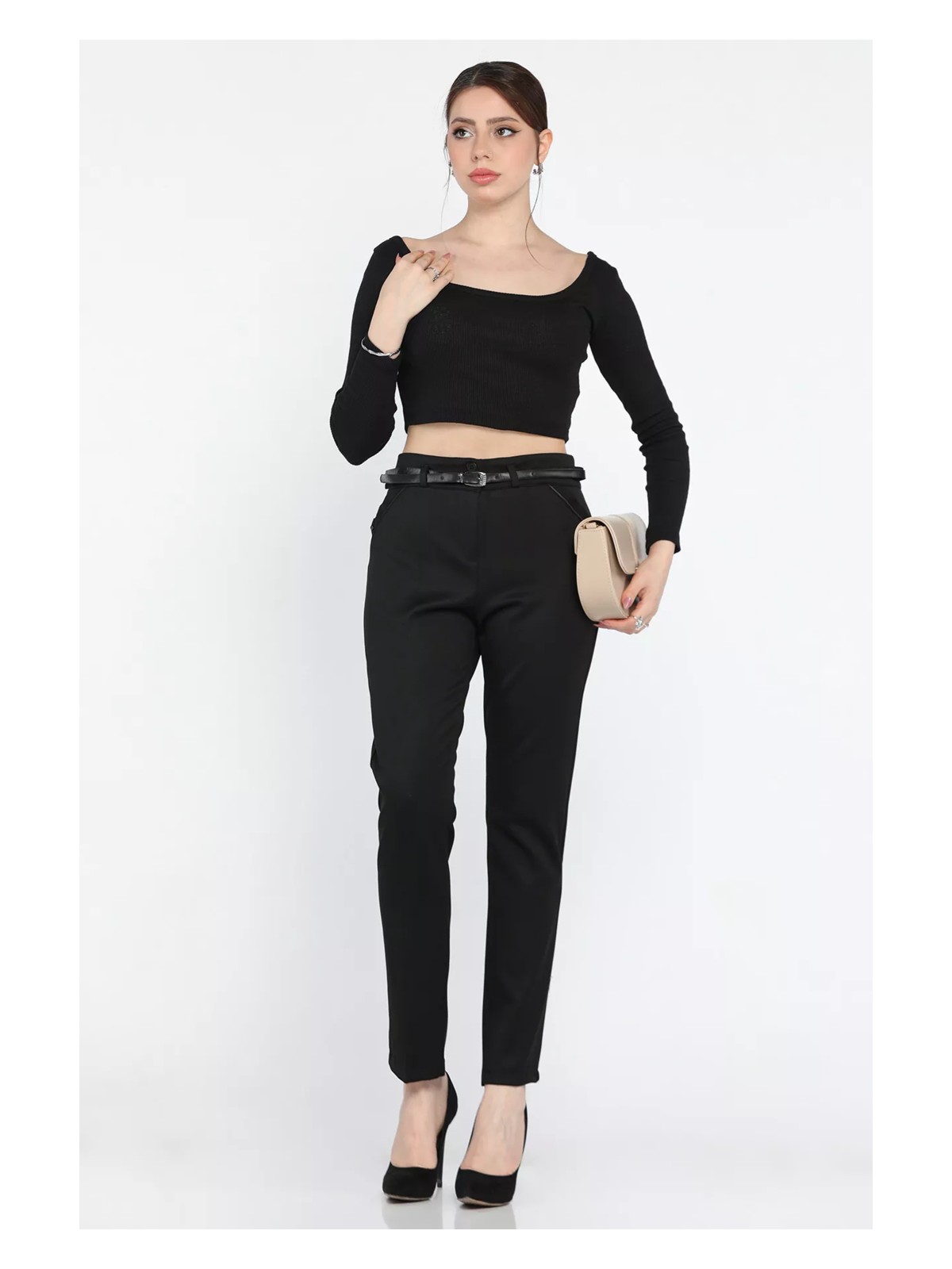 Gülseli Büyük Beden Kadın Kemerli Kumaş Pantolon