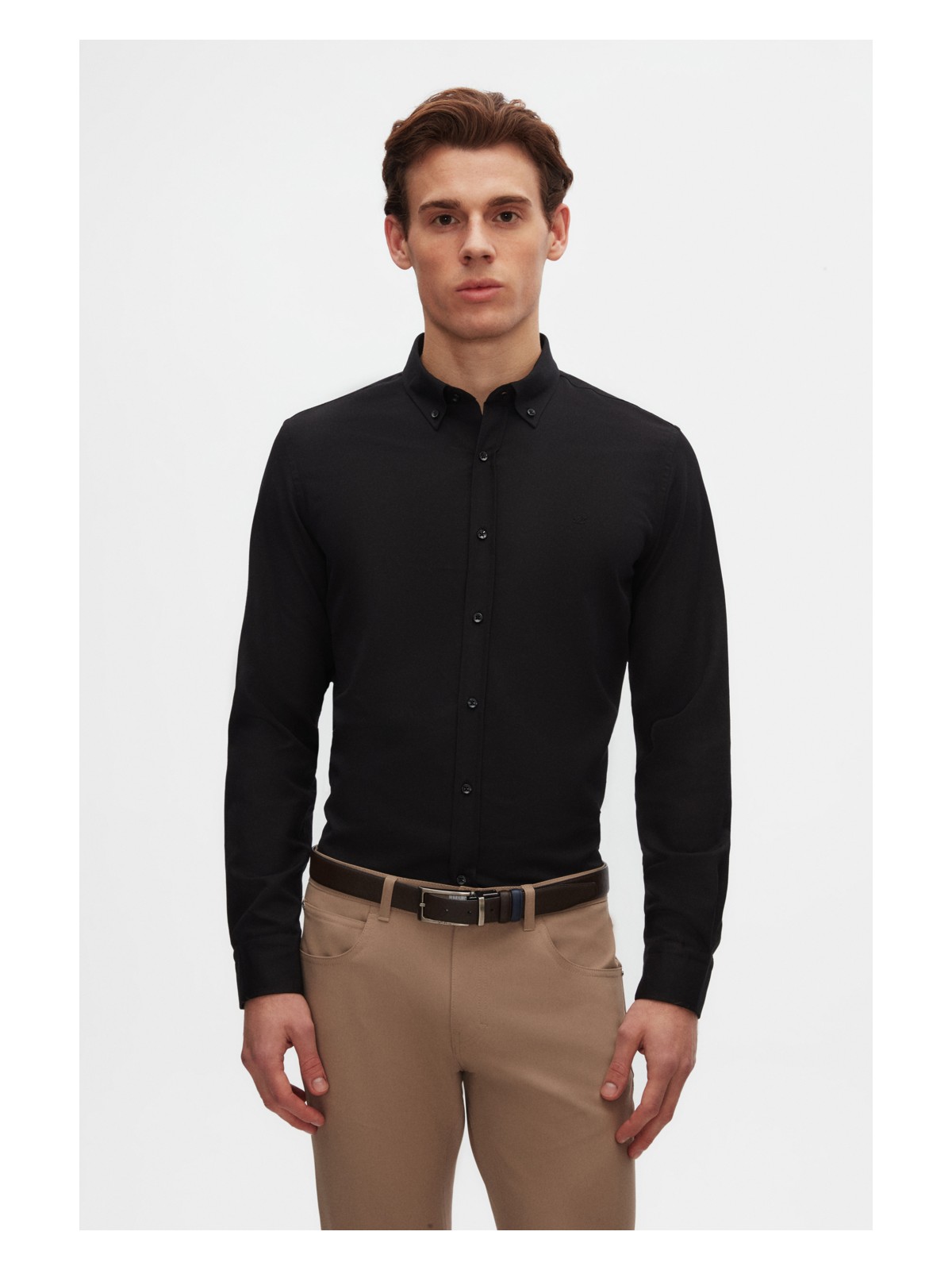 D'S Damat Slim Fit Siyah Oxford Düğmeli Yaka Kolay Ütülenebilir Nakış Detaylı Pamuklu Gömlek 4HC02ORT03265