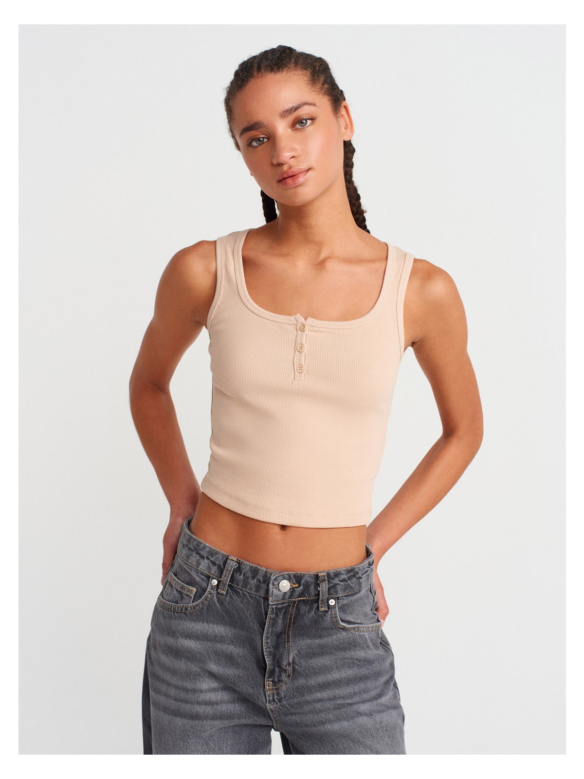 Dilvin 20983 Düğmeli Kare Yaka Top-Gri Melanj - Görsel 6