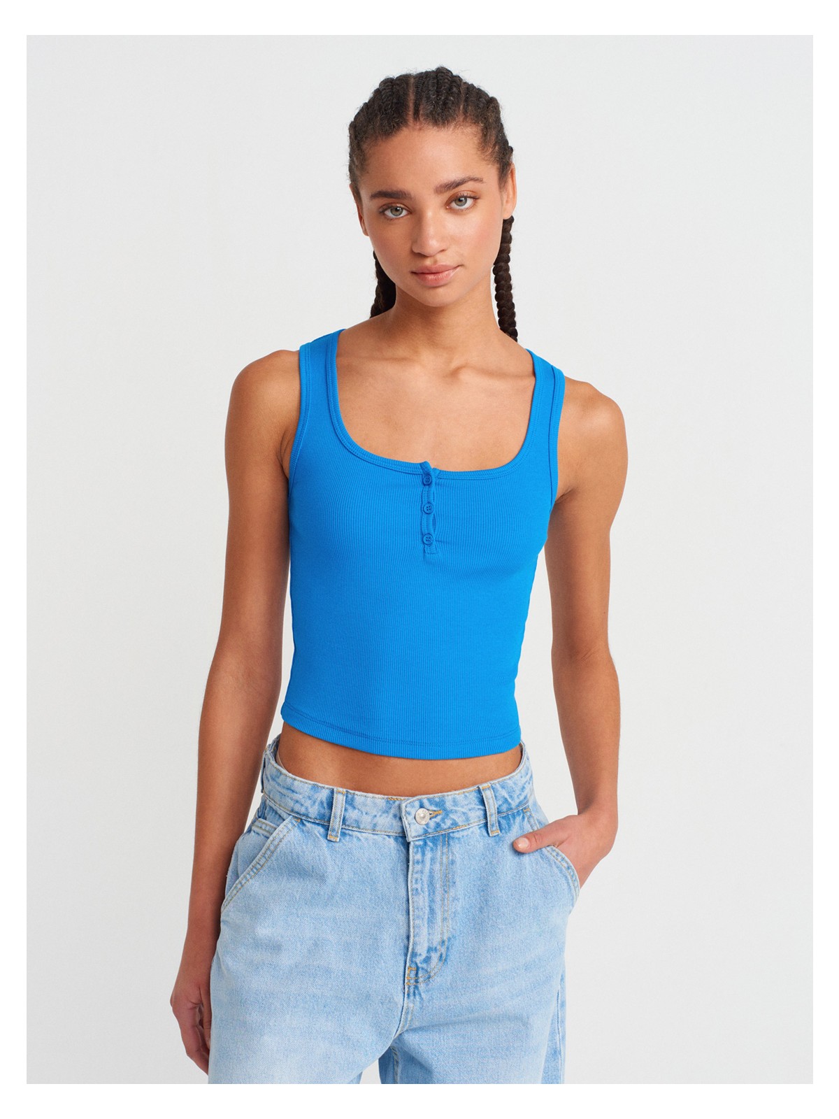 Dilvin 20983 Düğmeli Kare Yaka Top-Gri Melanj