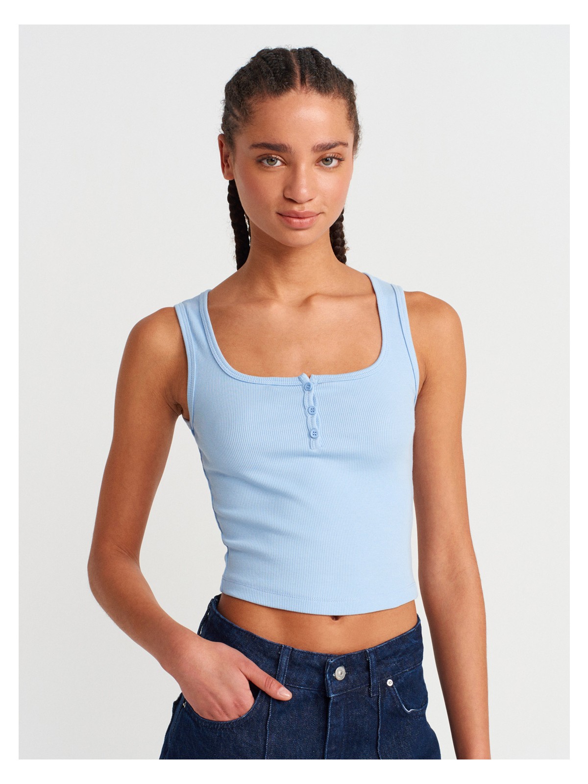 Dilvin 20983 Düğmeli Kare Yaka Top-Gri Melanj - Görsel 8