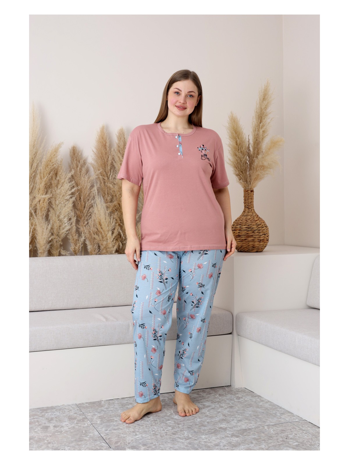 Nisanca %100 Pamuk Büyük Beden Kısa Kol Kadın Pijama Takımı