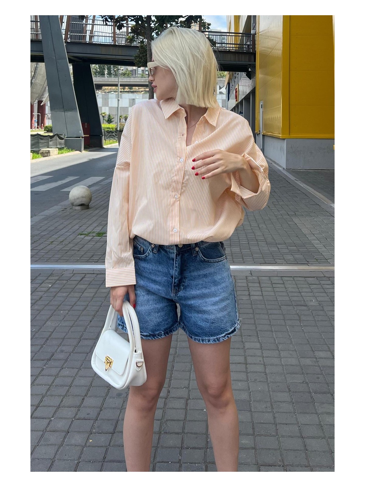 Madmext Mavi Çizgili Over Fit Gömlek MG1525 - Görsel 5