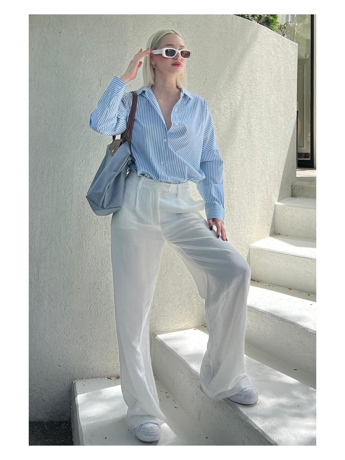 Madmext Mavi Çizgili Over Fit Gömlek MG1525