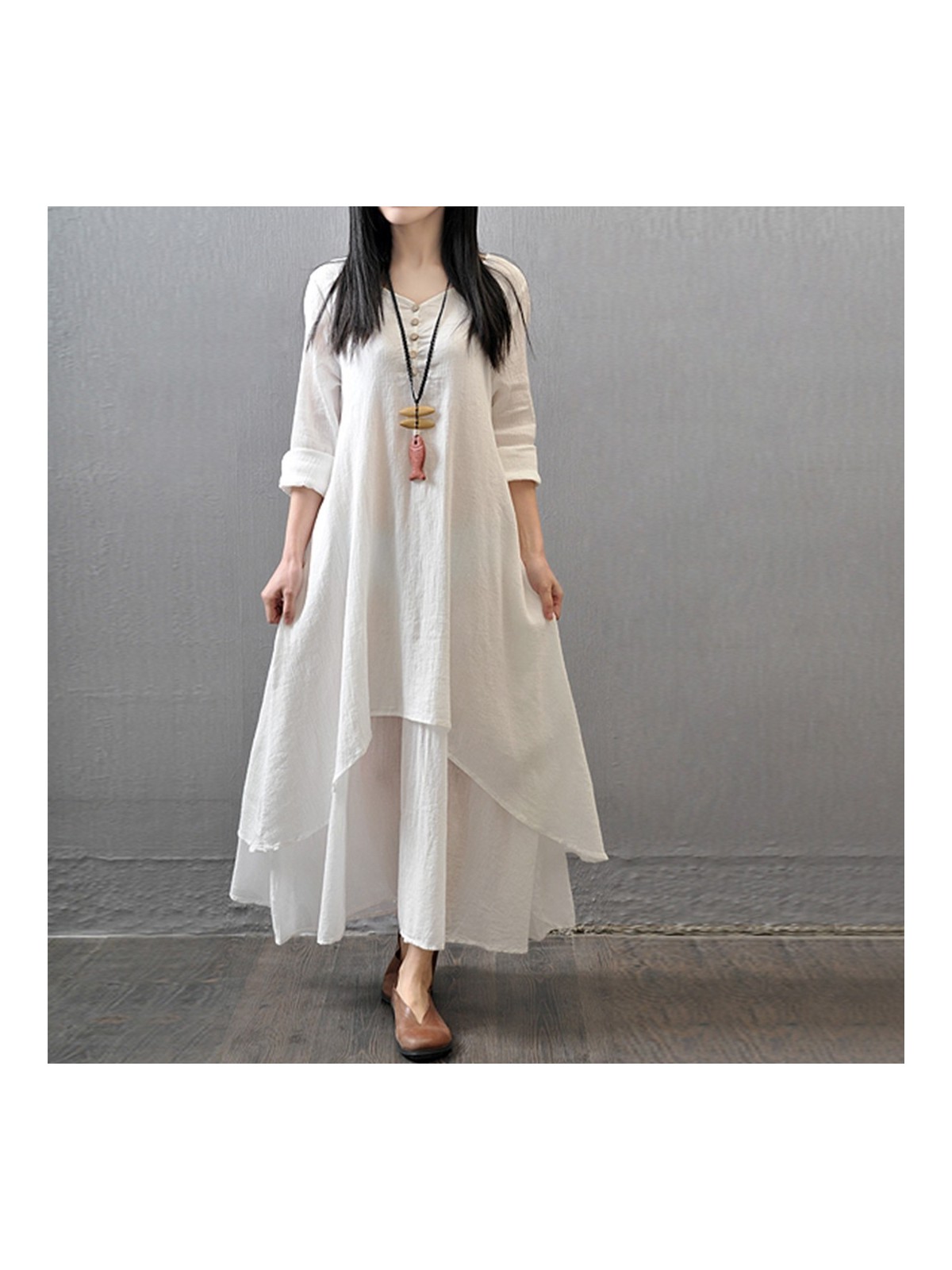 1Tarz Ekru Yazlık Günlük Salaş Kadın İki Katlı Elbise