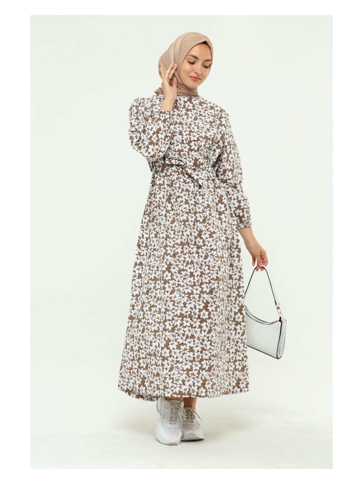 İlmek Kadın Çiçek Desenli Kemerli Kolu Büzgülü Yazlık Tesettür Elbise 5409