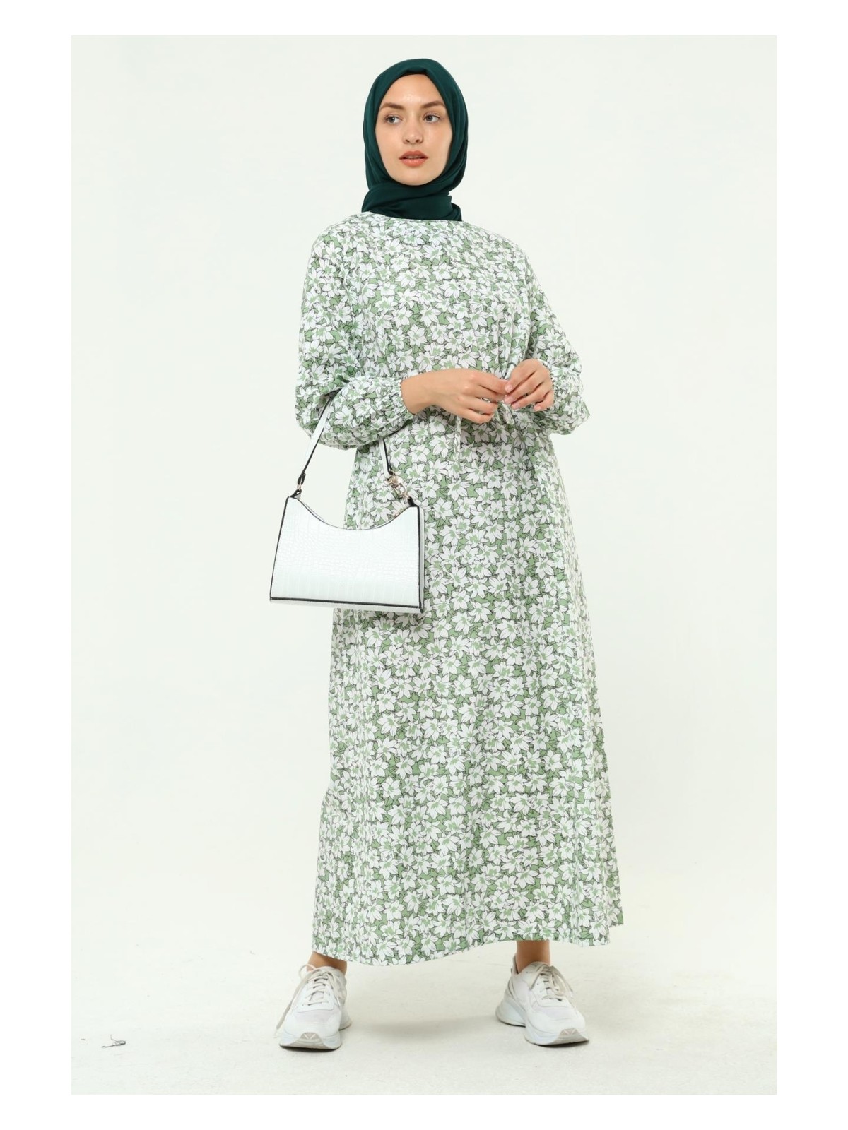 İlmek Kadın Çiçek Desenli Kemerli Kolu Büzgülü Yazlık Tesettür Elbise 5409