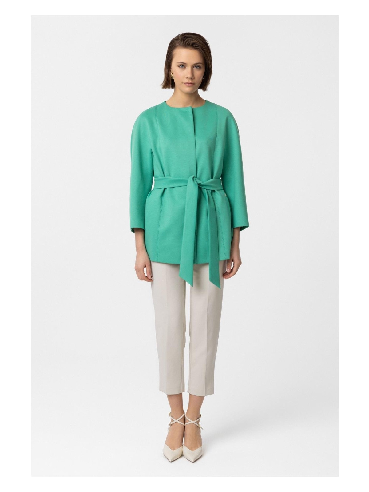 Deriderim Yeşil Jadira Çıt Çıt Kapamalı Kemerli Truvakar Kol Kumaş Kaban