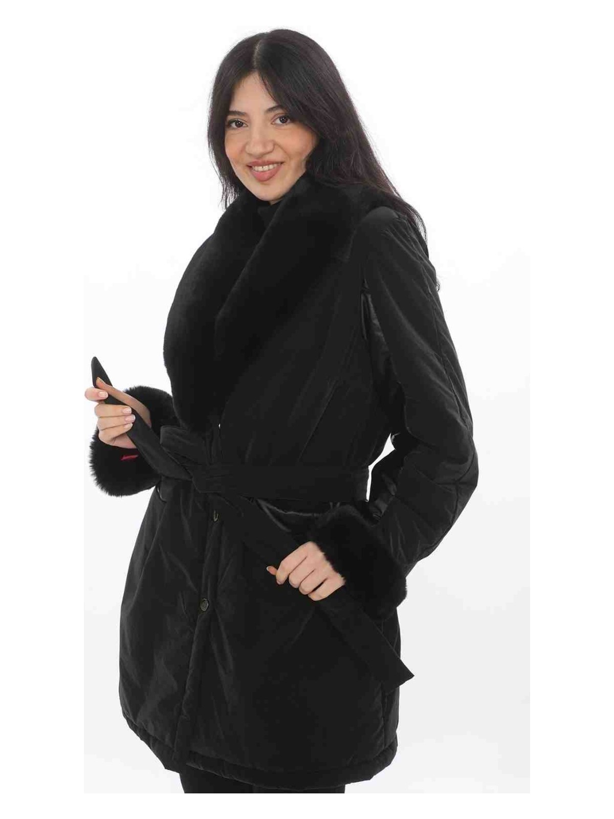 Ithal Yağmur Soğuk Geçirmez Paraşüt Kumaşı Siyah Kadın Manto