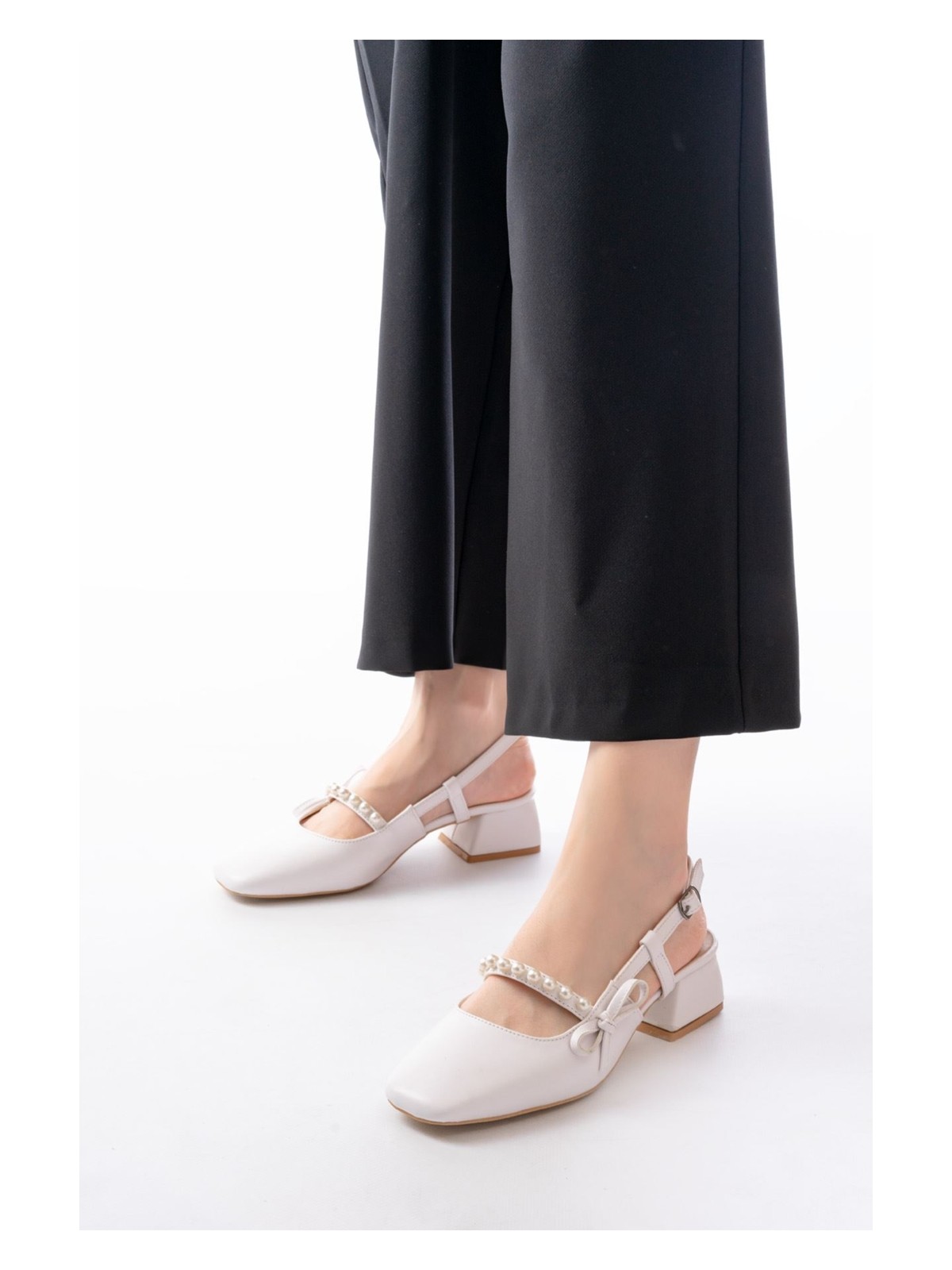 Moda Adam Kadın Maste Incili Kısa Topuklu Ayakkabı - Siyah-Deri - Görsel 6