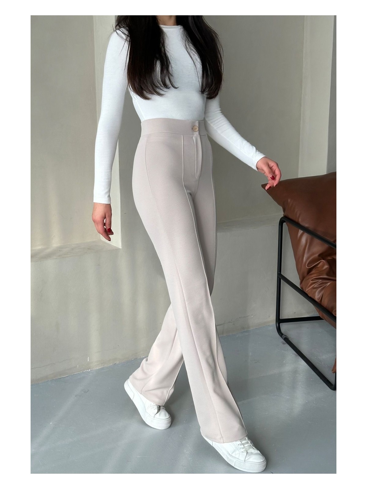 Trendseninle Kadın Kahve Likralı Palazzo Yüksek Bel Pantolon - Görsel 5