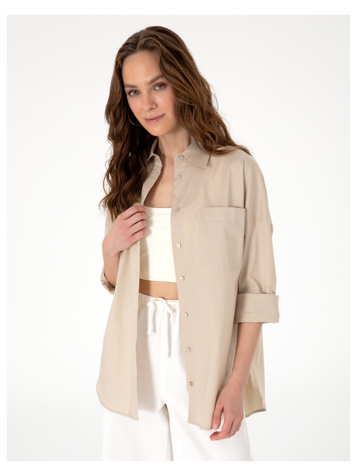 Pierre Cardin Kadın Beyaz Oversize Uzun Kollu Gömlek 50313596-VR013 - Görsel 3