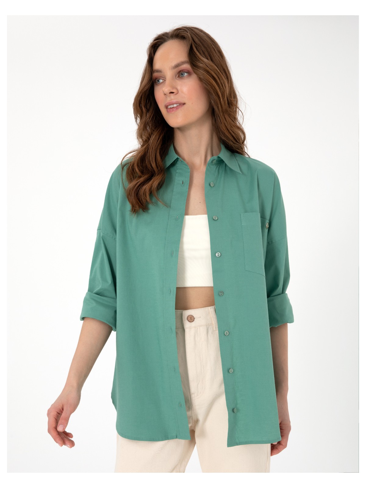 Pierre Cardin Kadın Beyaz Oversize Uzun Kollu Gömlek 50313596-VR013 - Görsel 4