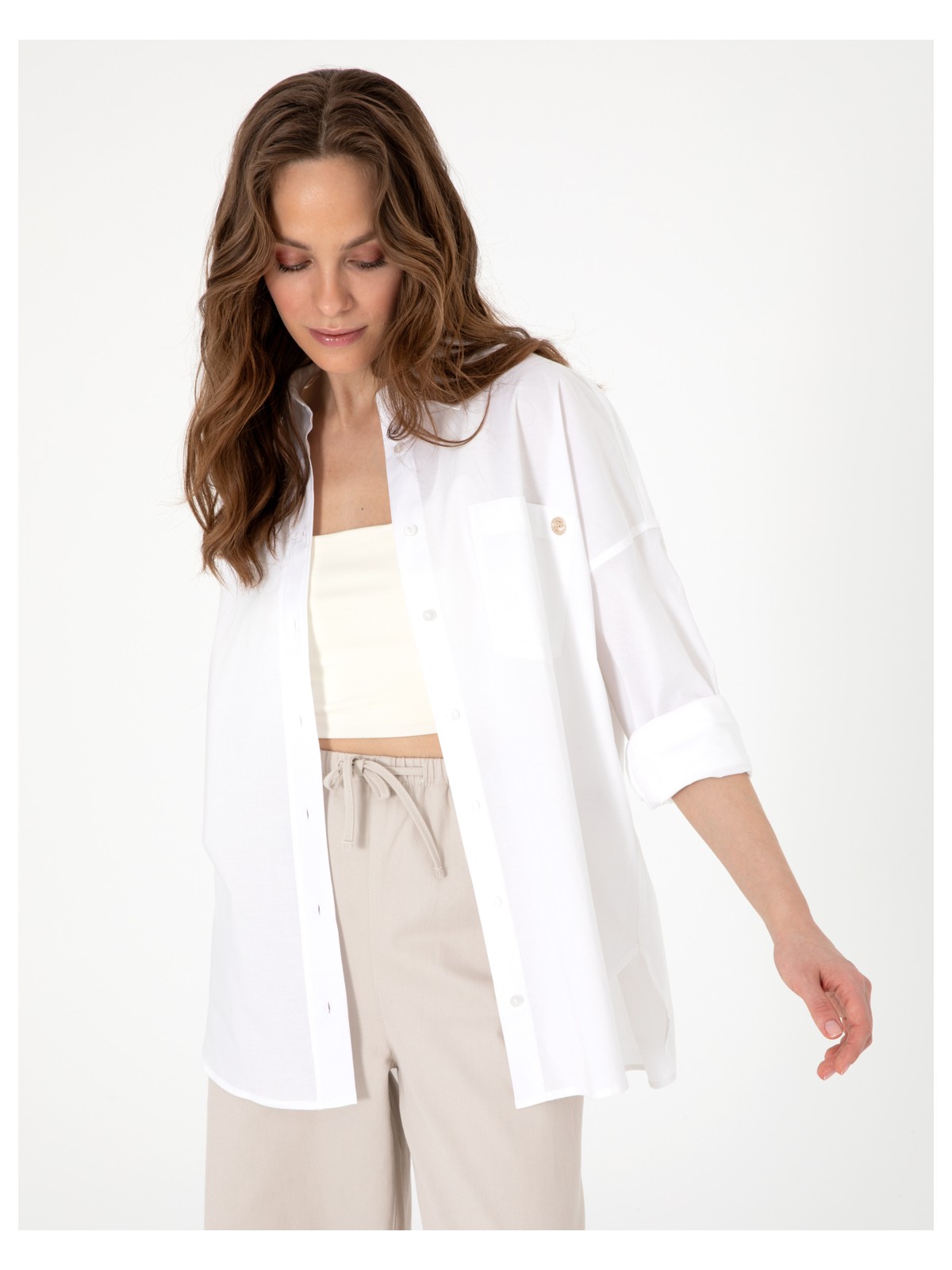 Pierre Cardin Kadın Beyaz Oversize Uzun Kollu Gömlek 50313596-VR013