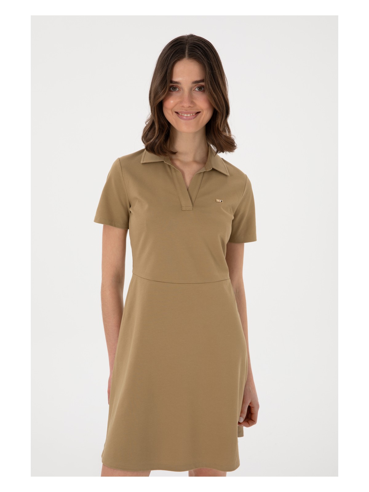 U.S. Polo Assn. Kadın Haki Polo Yaka Mini Boy Örme Elbise 50305854-VR027 - Görsel 3