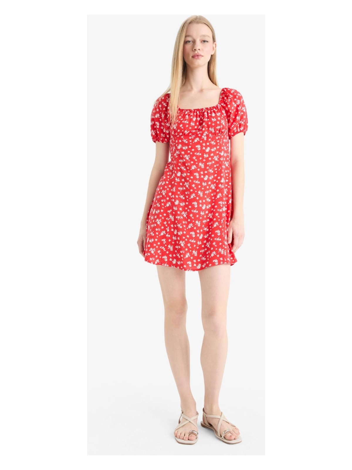 DeFacto Kare Yaka Çiçek Desenli Viskon Kısa Kollu Mini Elbise E0873AX25SP - Görsel 3