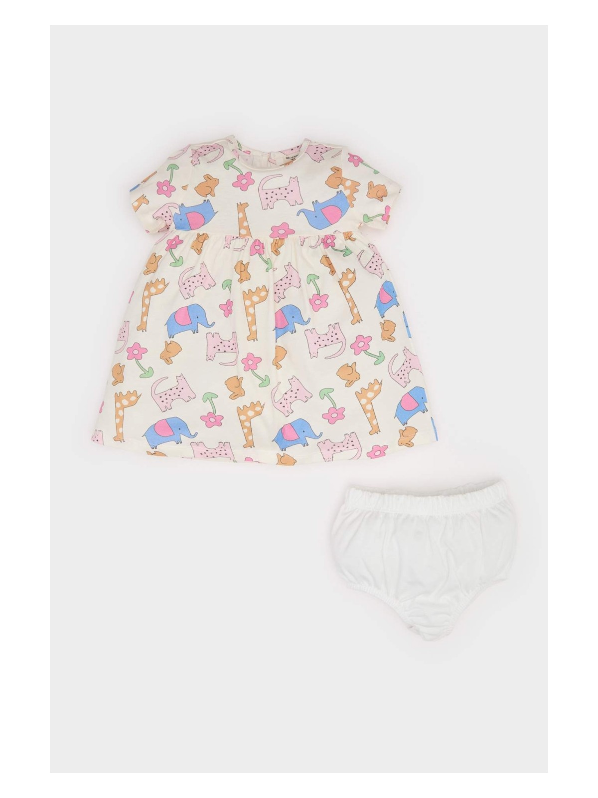 DeFacto 2'li Takım Hayvan Desenli Fitilli Kaşkorse Kısa Kollu Elbise Külot Kız Bebek E8176A525SM