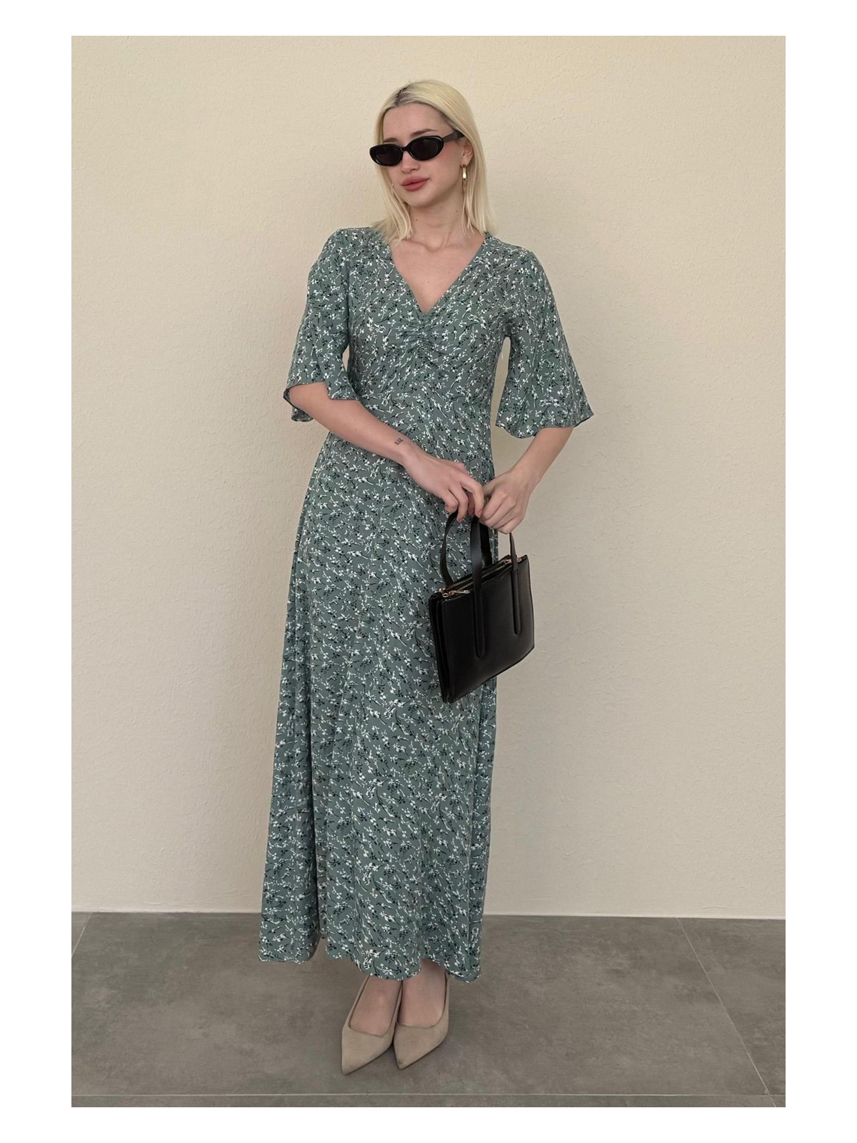 Madmext Mint Yeşili Çiçek Desenli Yarım Kollu Elbise MG2390