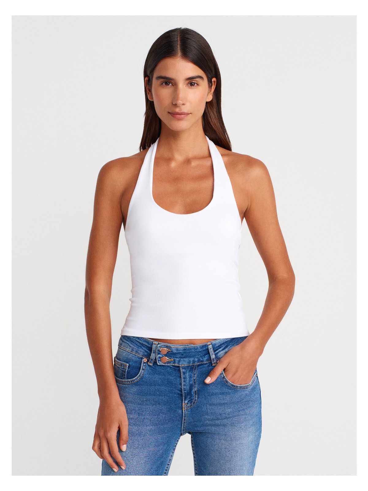 Dilvin 21052 Beyaz Halter Yaka Top Kadın Oversize Kalıp %95 Pamuk Dokuma Kumaş