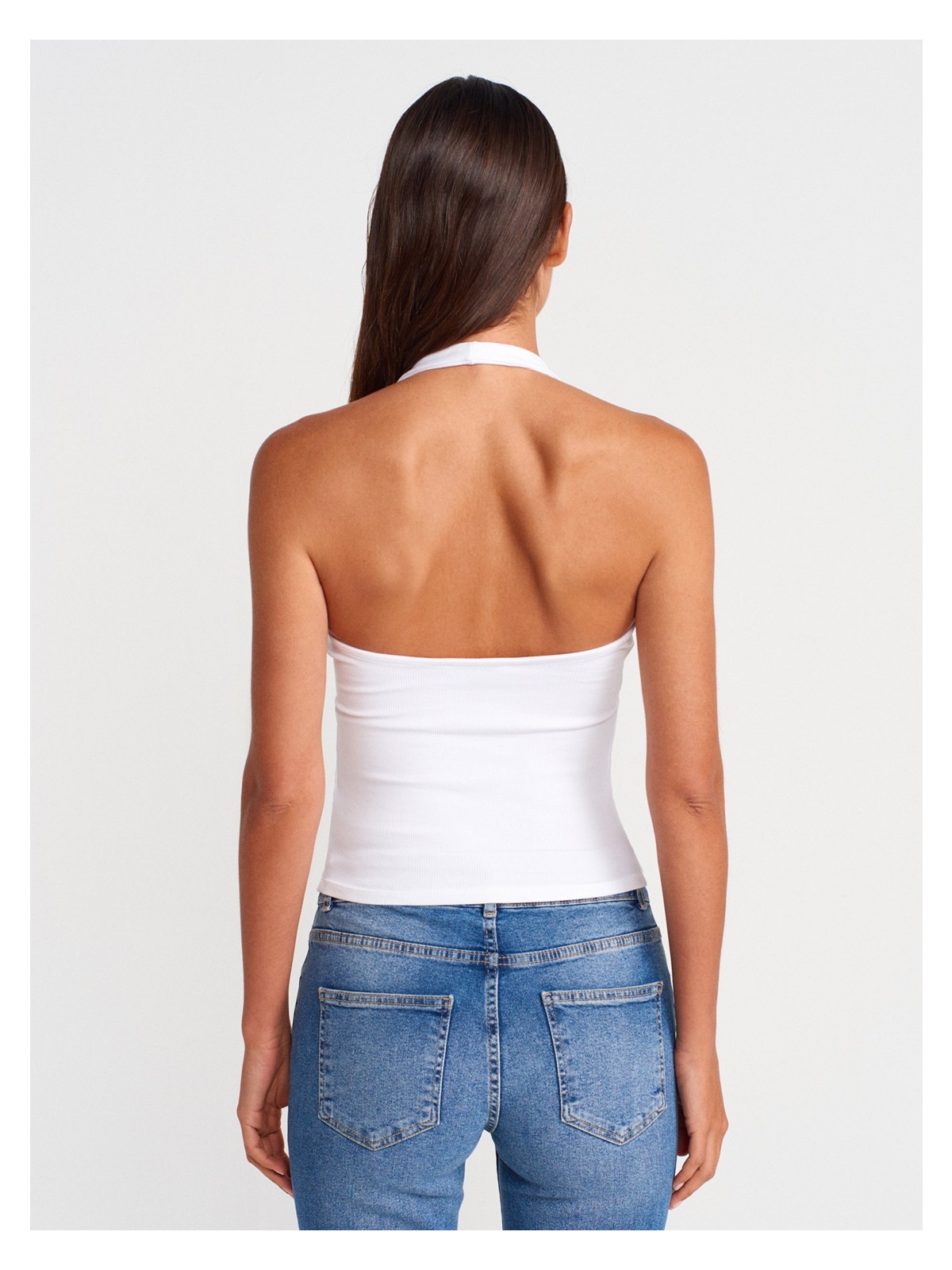 Dilvin 21052 Beyaz Halter Yaka Top Kadın Oversize Kalıp %95 Pamuk Dokuma Kumaş - Görsel 2