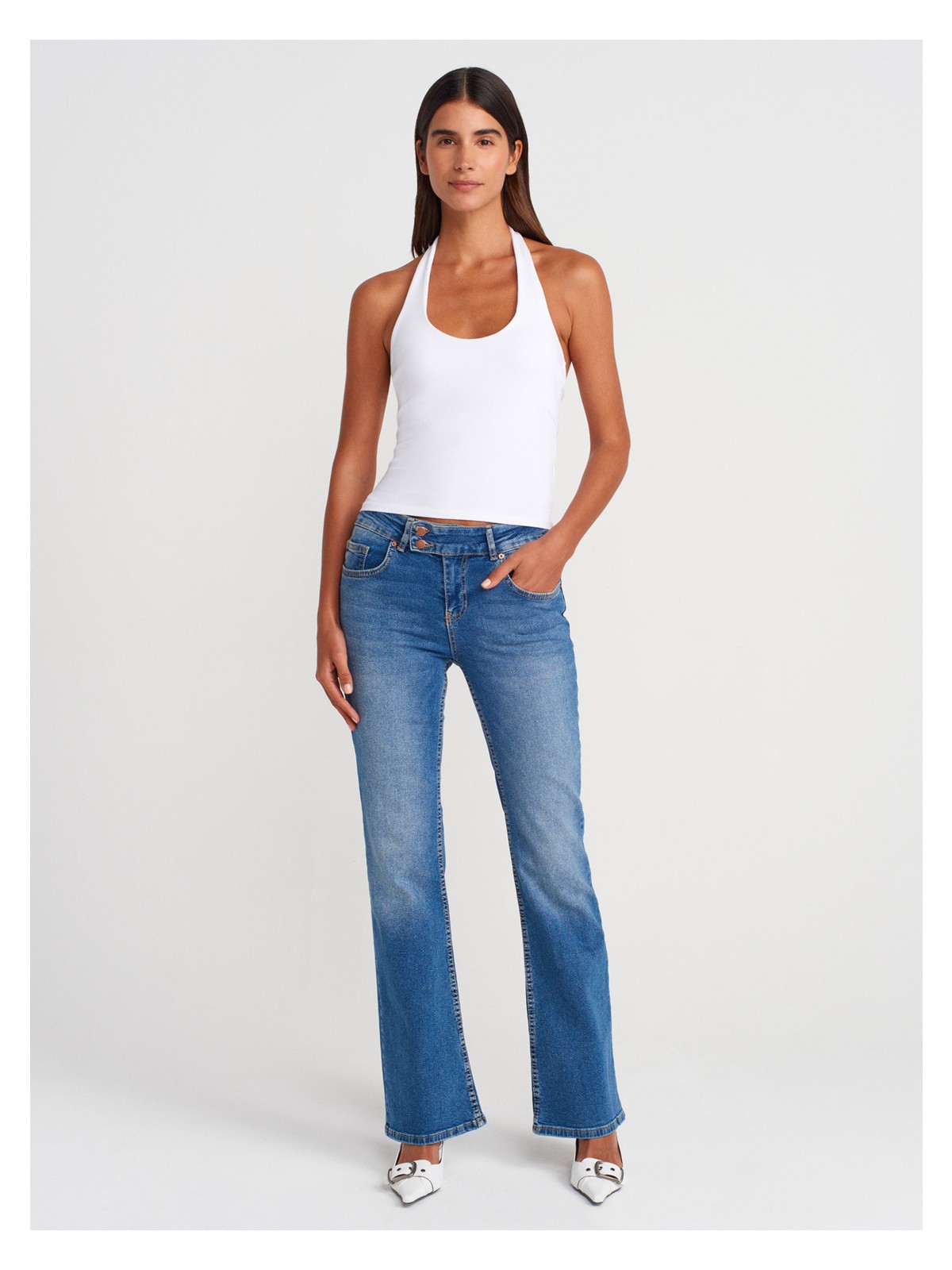 Dilvin 21052 Beyaz Halter Yaka Top Kadın Oversize Kalıp %95 Pamuk Dokuma Kumaş - Görsel 4