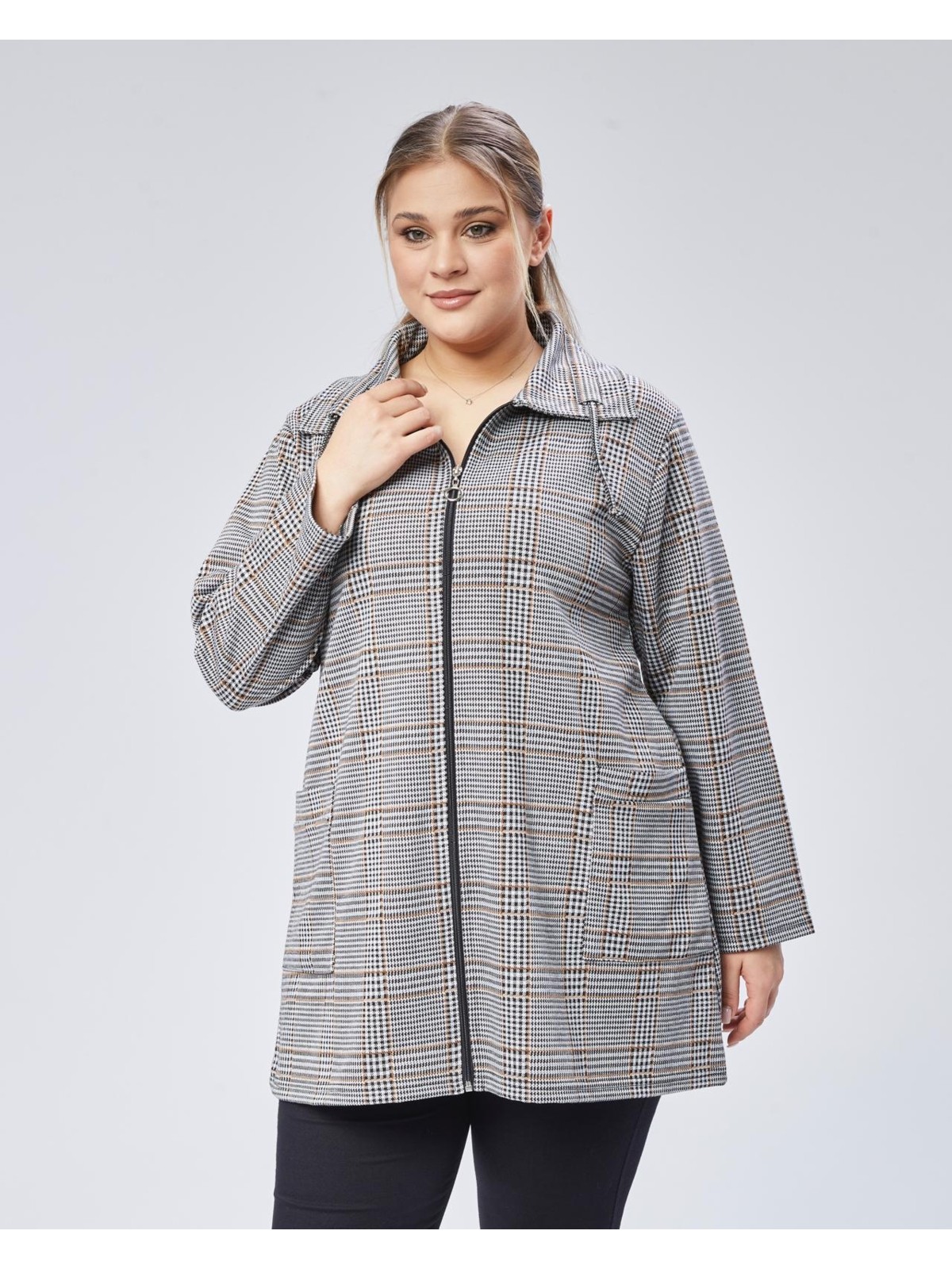 Şans Kadın Büyük Beden Vizon , Ekose Desenli Fermuarlı Cepli Ceket 65N38791