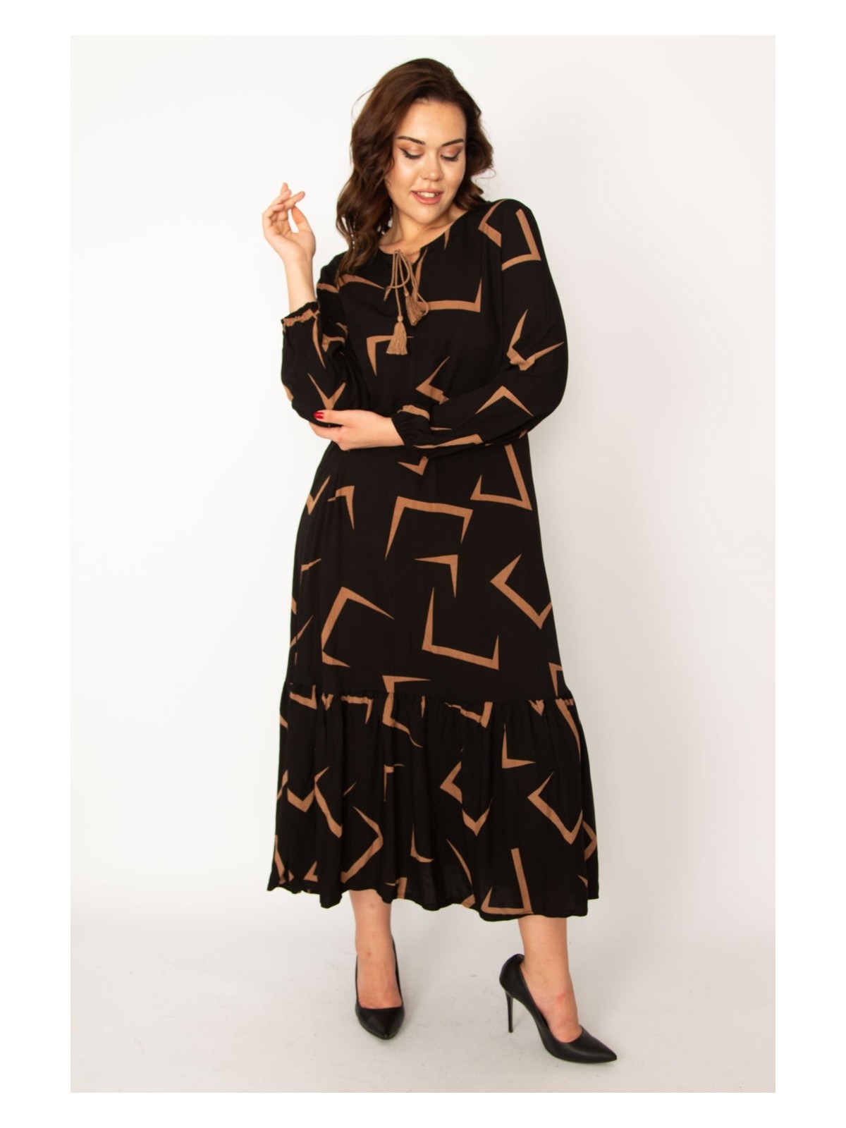 Şans Kadın Siyah Dokuma Viskon Kumaş Etek Ucu Katlı Uzun Kollu Elbise 65N33526