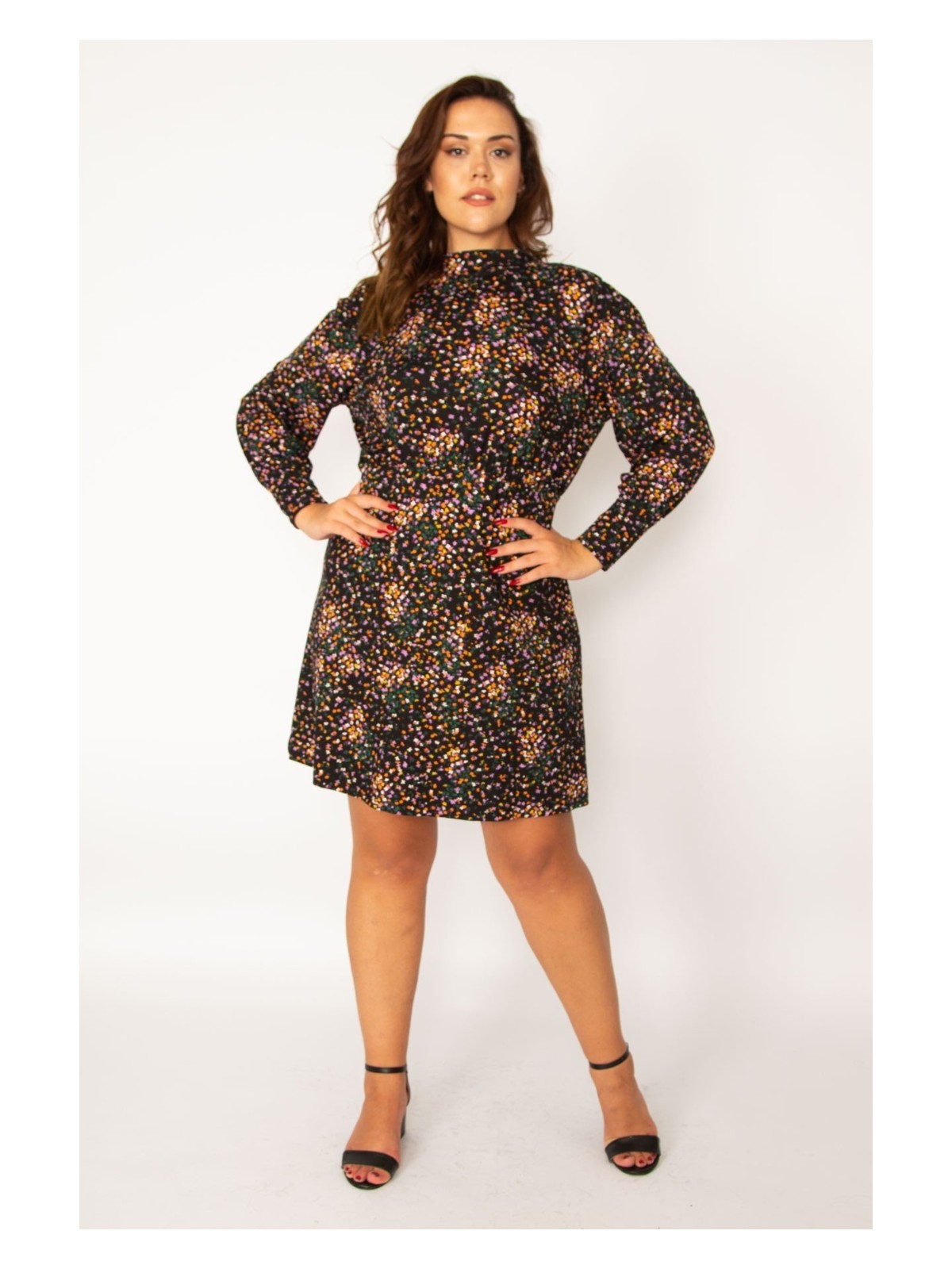 Şans Kadın Renkli Beli Lastik Detaylı Uzun Kollu Elbise 65N34051