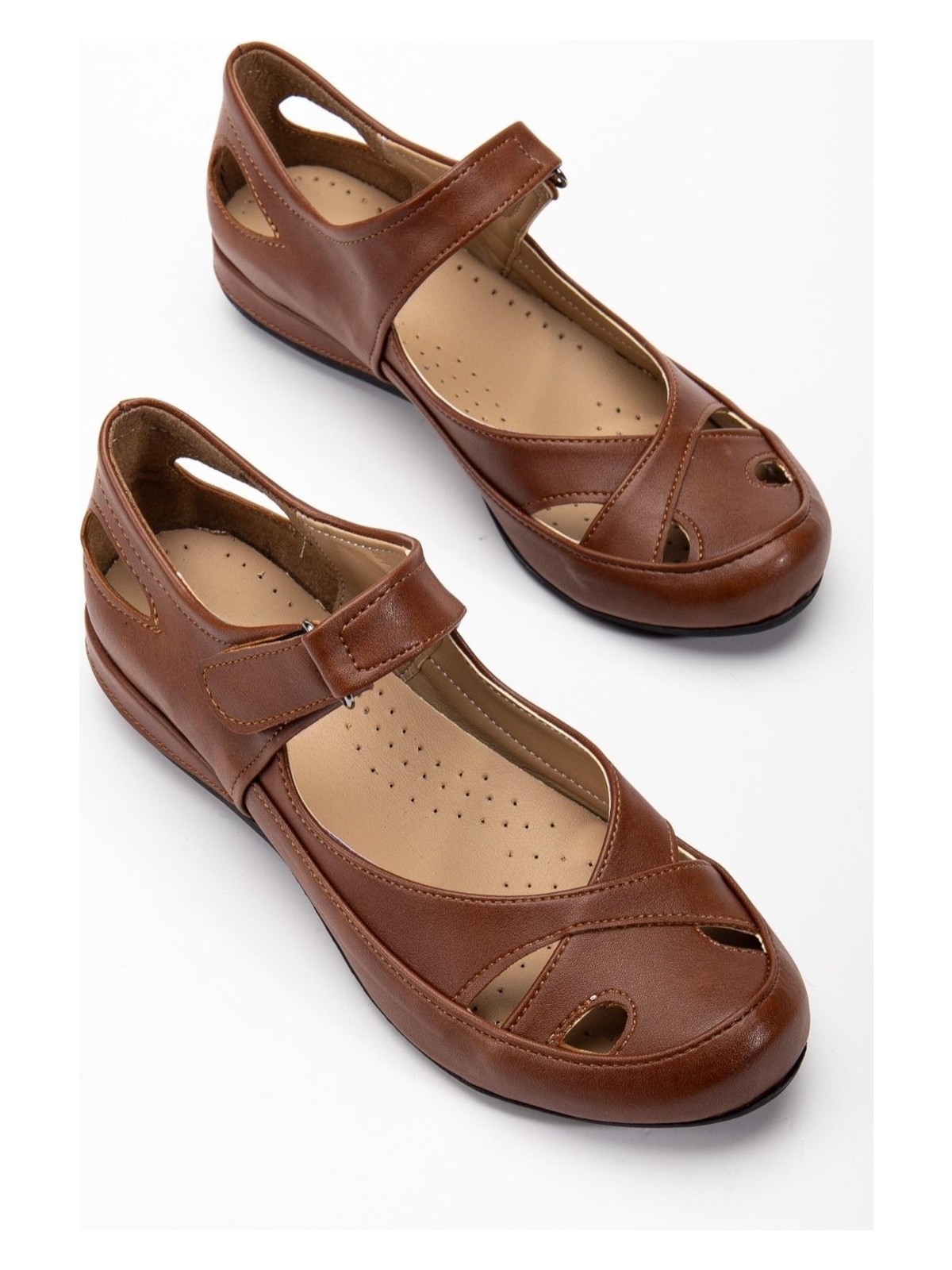 Dilimler Ayakkabı Kadın Günlük Ortopedik Ayakkabı Taba Büyük Numara Kafes Model Bantlı