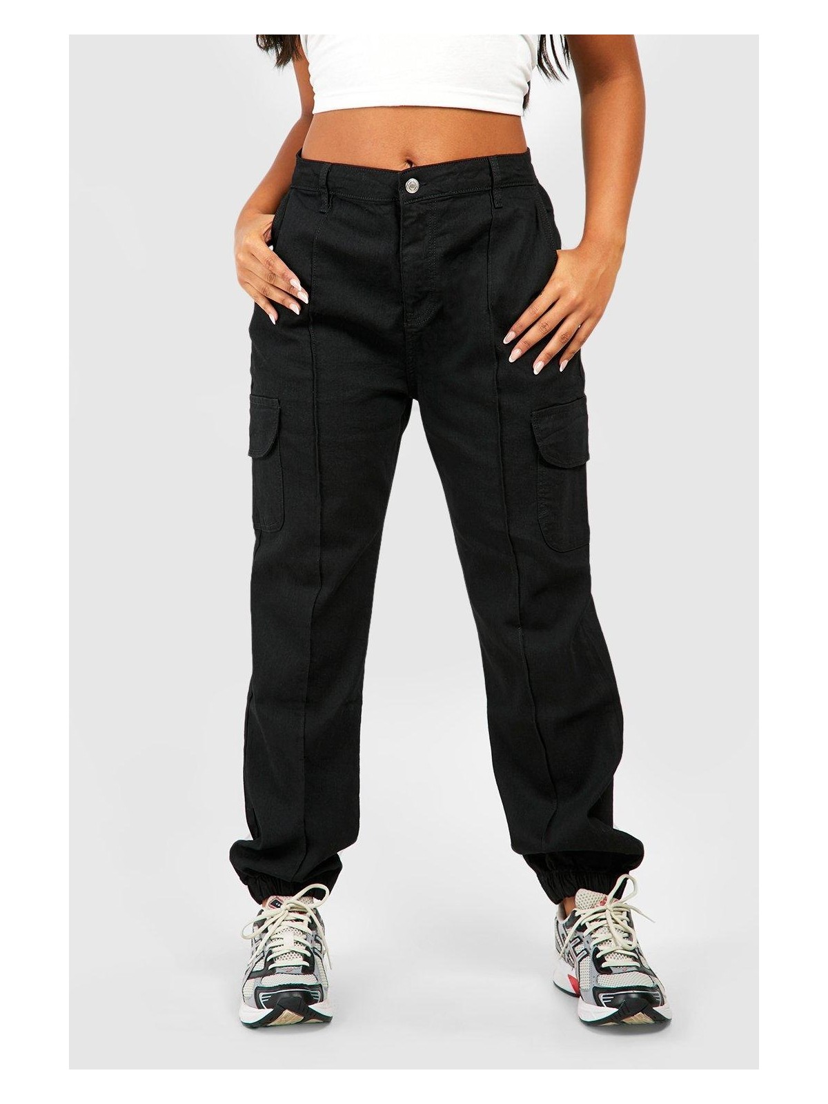 Şans Kadın Büyük Beden Siyah Yüksek Bel Ön Çima Dikişli Paça Lastikli Kargo Pantolon 65N38741