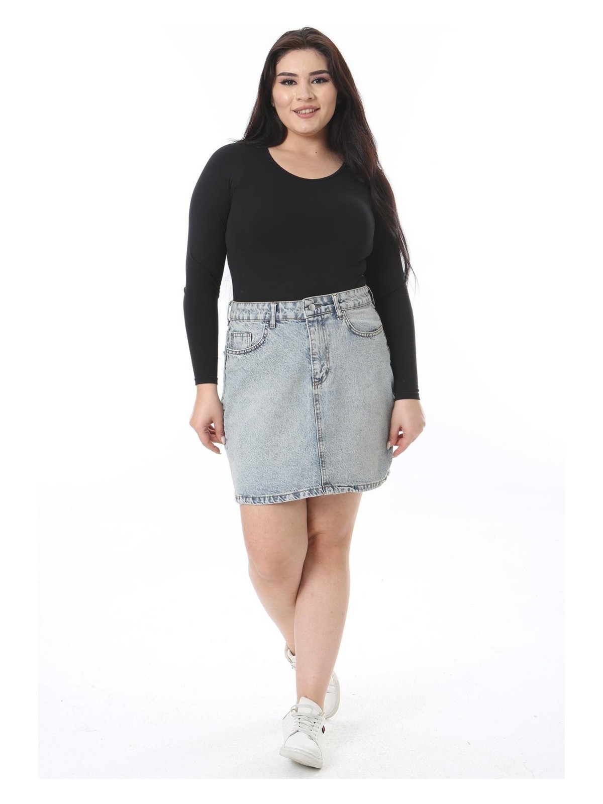 Şans Kadın Büyük Beden Mavi Yıkama Efektli Kot Etek 65N38500