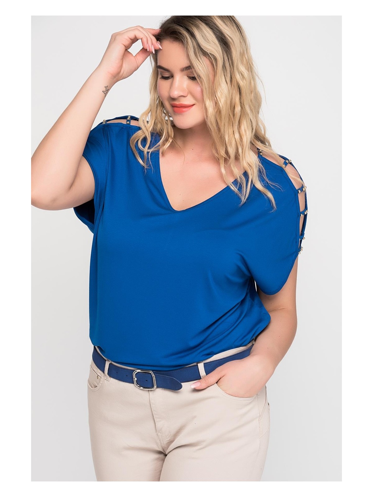 Şans Kadın Bej Viskon Tunik 65N15453 Omuz Dekolteli Yaka Tipi İnci Detaylı Rahat Kalıp - Görsel 3