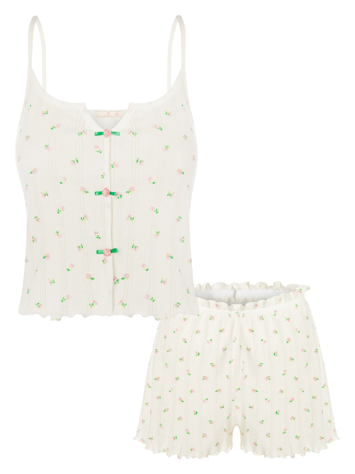 Koza İç Giyim Kadın Çiçek Desenli Gül Fiyonklu Ip Askılı Şort Takım