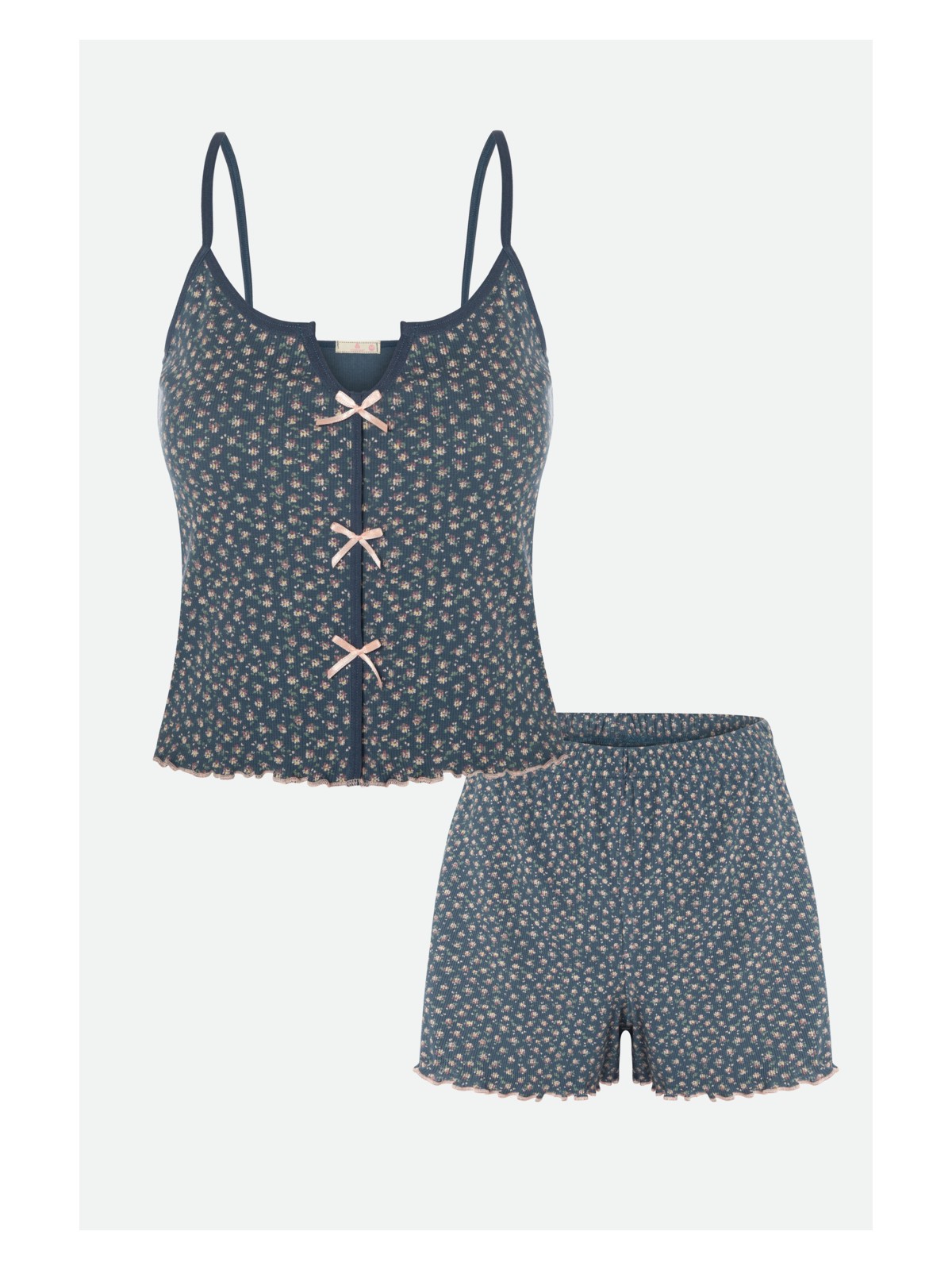 Koza İç Giyim Kadın Çiçek Desenli Gül Fiyonklu Ip Askılı Şort Takım - Görsel 3