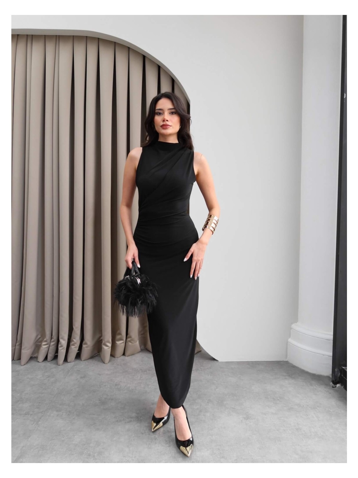 Esra Helvacı Drapeli Yırtmaçlı Midi Elbise - Görsel 6