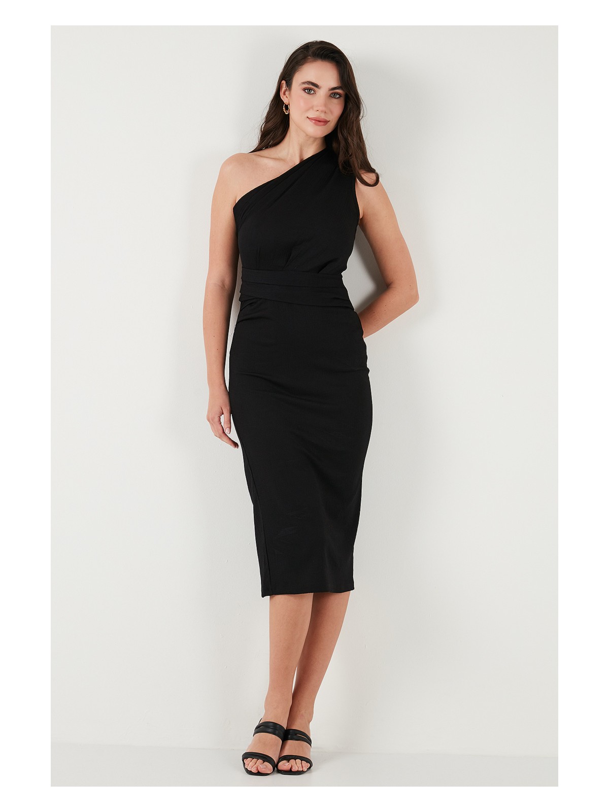 Lela Desenli Slim Fit Midi Boy Tek Omuzlu Abiye Elbise Bayan ELBİSE 5866202 - Görsel 3