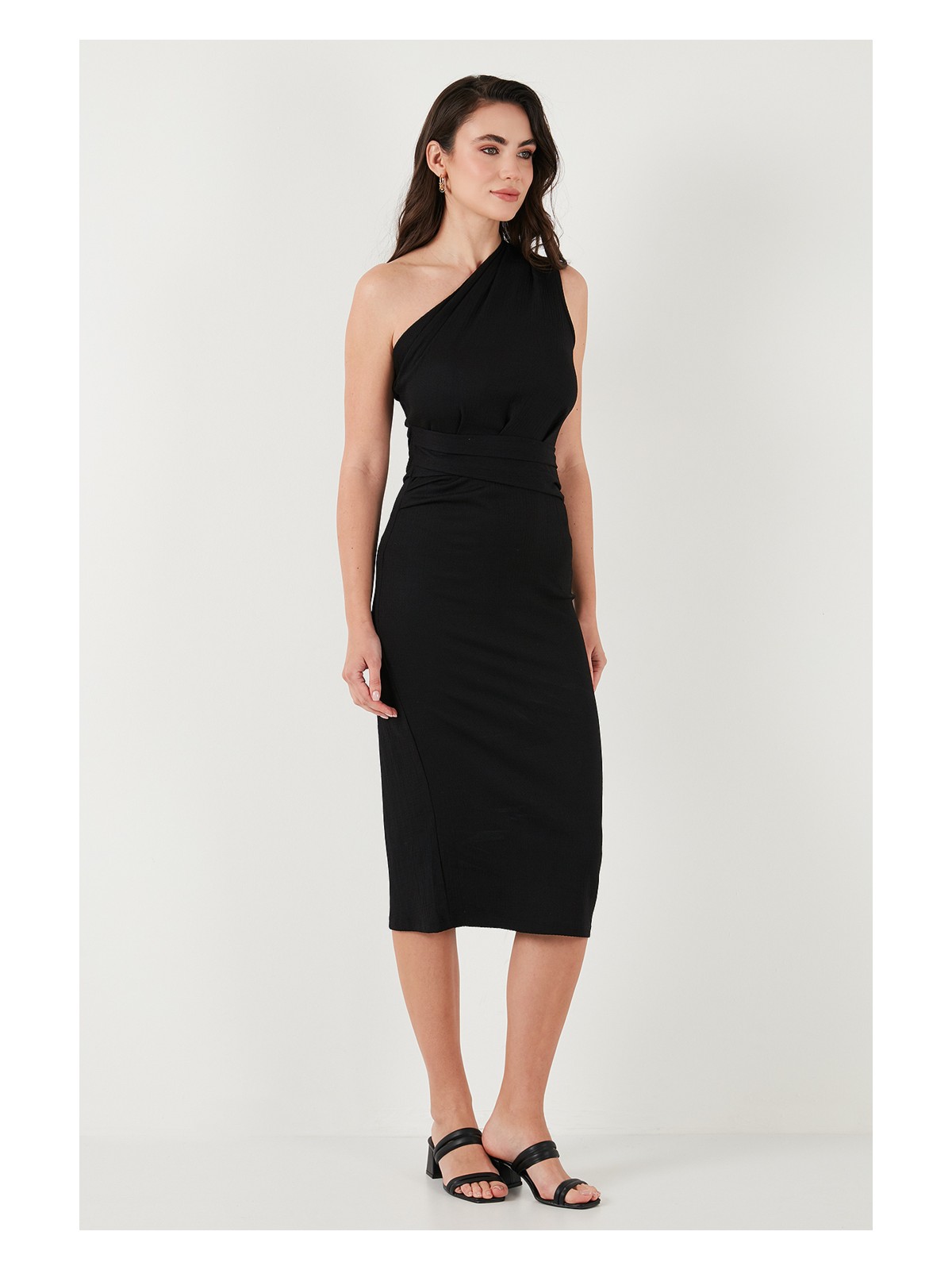 Lela Desenli Slim Fit Midi Boy Tek Omuzlu Abiye Elbise Bayan ELBİSE 5866202 - Görsel 4