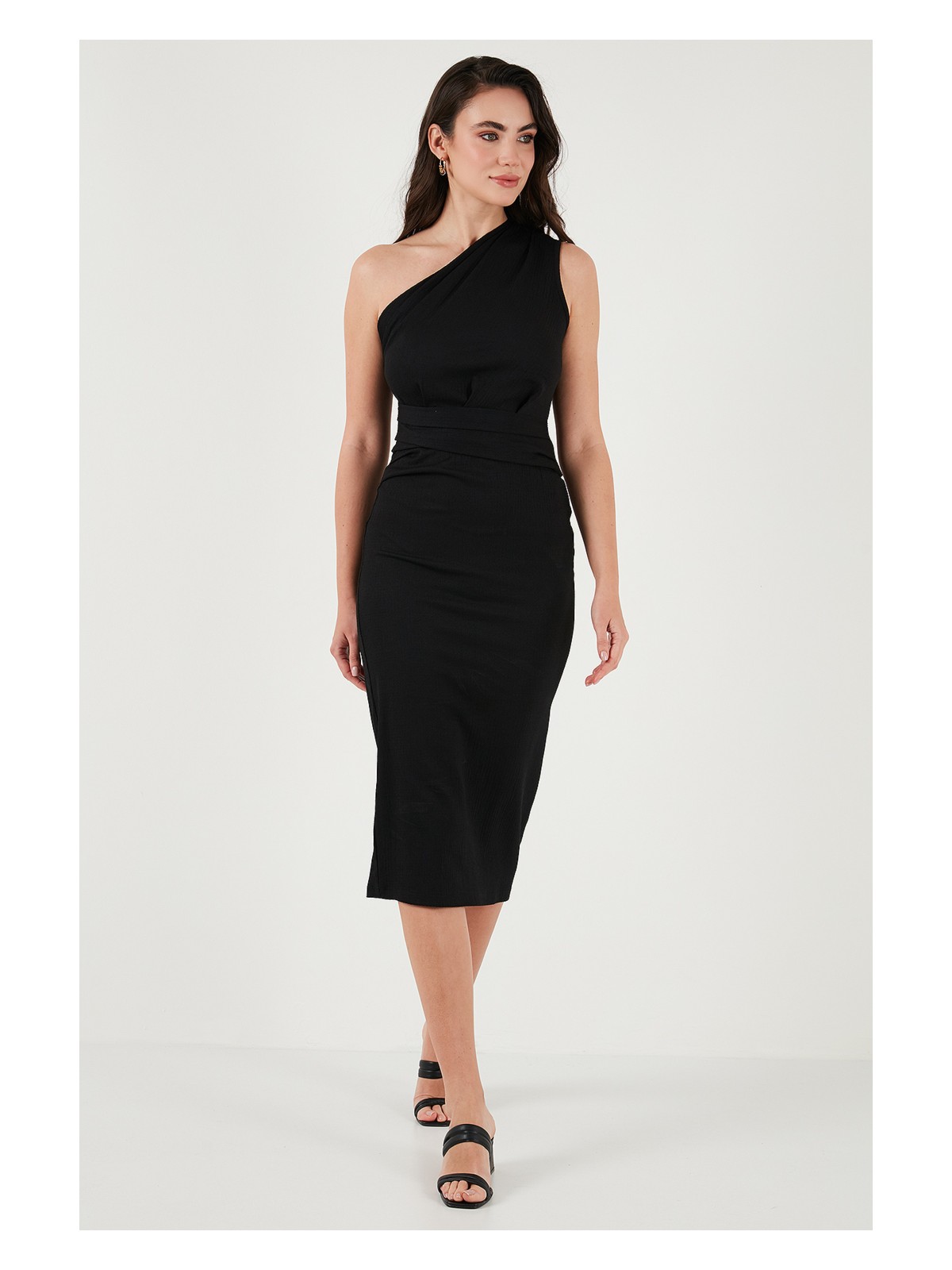 Lela Desenli Slim Fit Midi Boy Tek Omuzlu Abiye Elbise Bayan ELBİSE 5866202 - Görsel 5