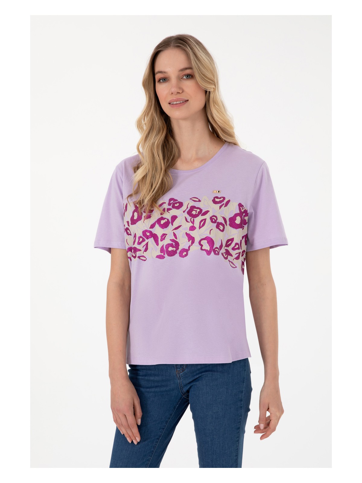 U.S. Polo Assn. Kadın Lila Desenli Bisiklet Yaka Tişört 50299733-VR034