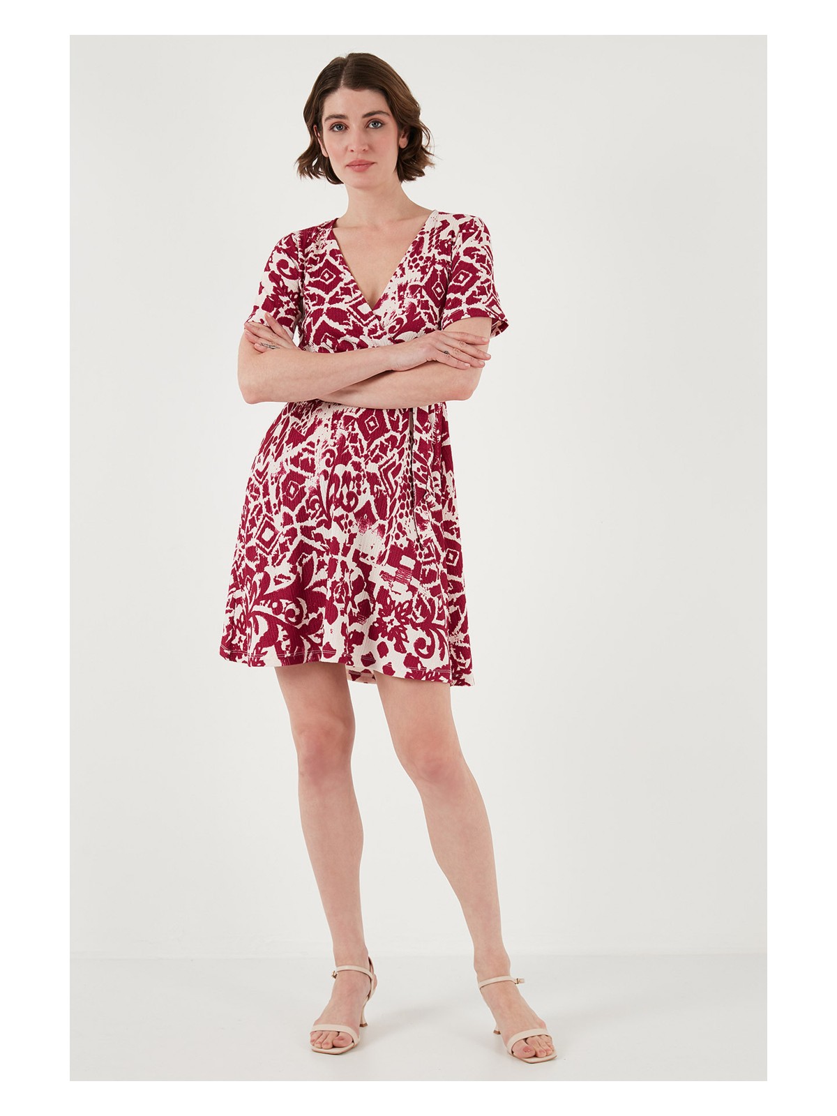 Lela Desenli Kruvaze Yaka Regular Fit Elbise Bayan Elbise 5865723 - Görsel 3