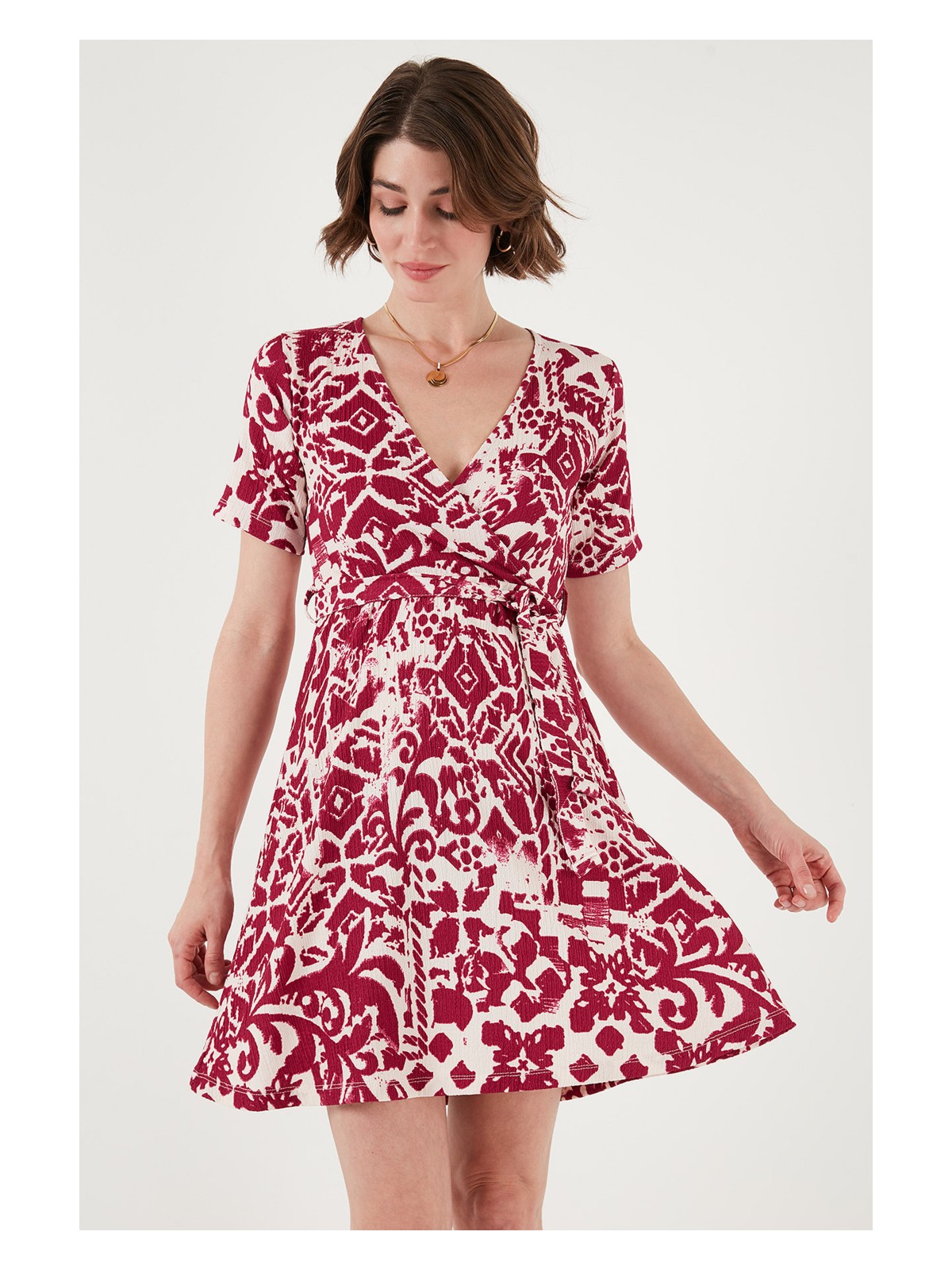 Lela Desenli Kruvaze Yaka Regular Fit Elbise Bayan Elbise 5865723 - Görsel 4