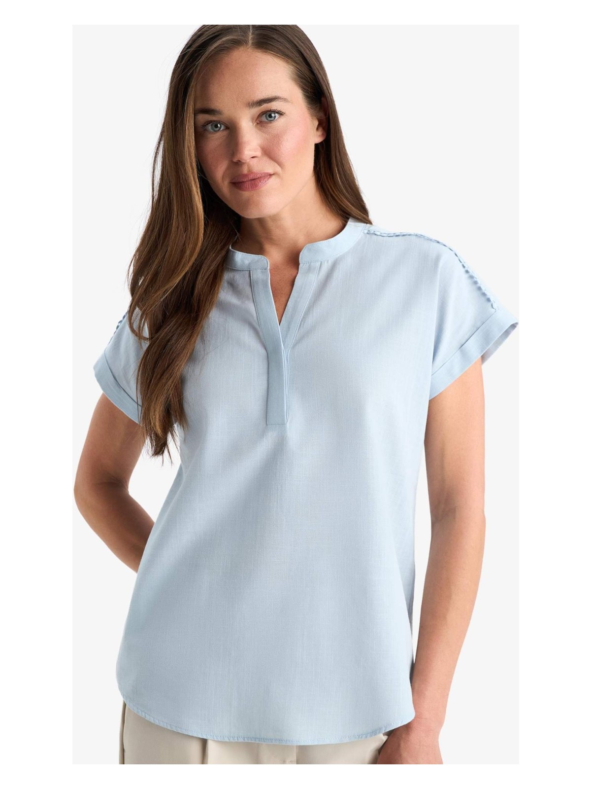 DeFacto %100 Pamuk Regular Fit Apaş Yaka Flamlı Kısa Kollu Bluz F1635AX25SM