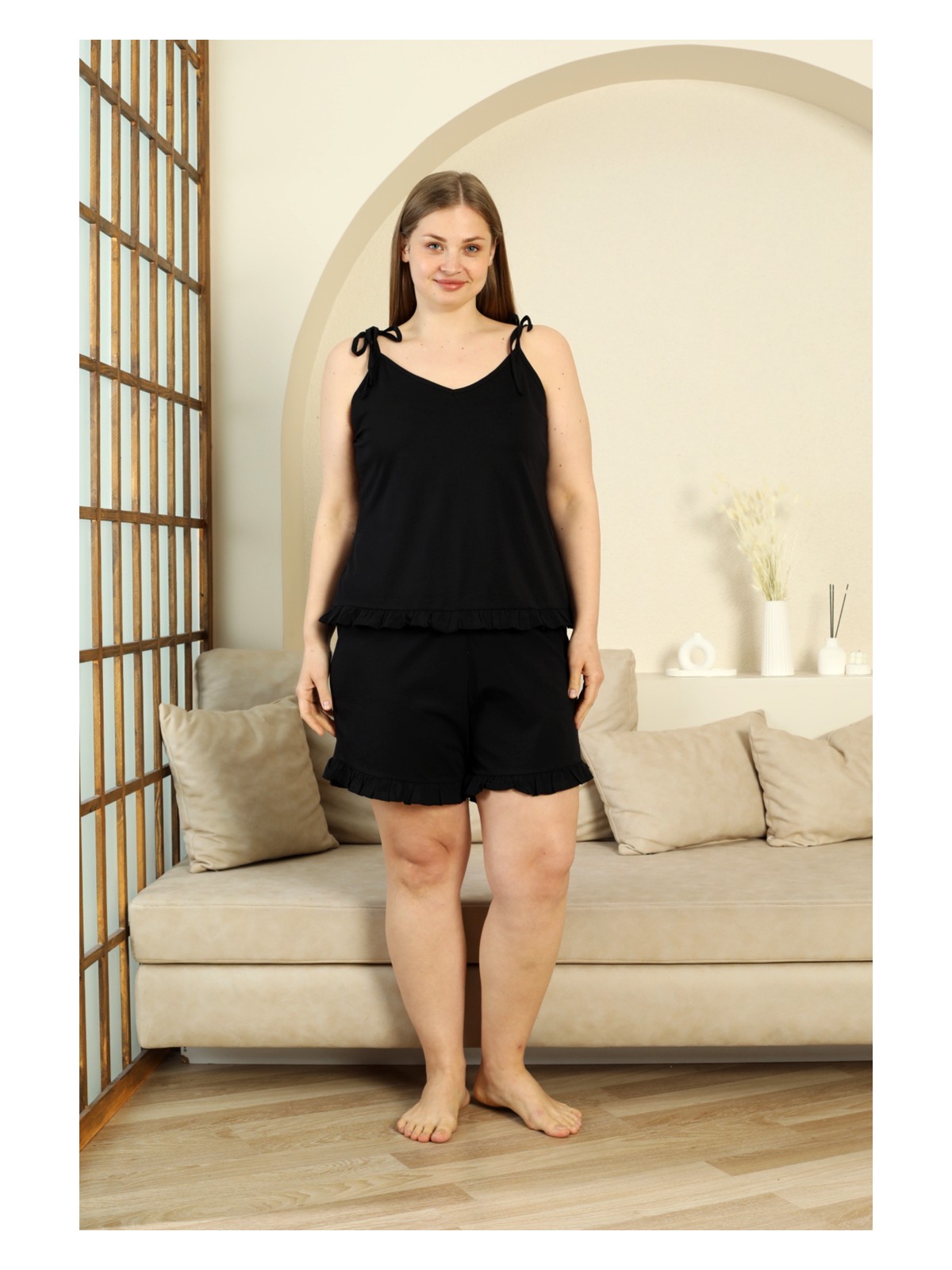 Nisanca %100 Pamuk Ip Askılı Büyük Beden Şortlu Kadın Pijama Takımı- Geniş Beden Aralığı - Görsel 5