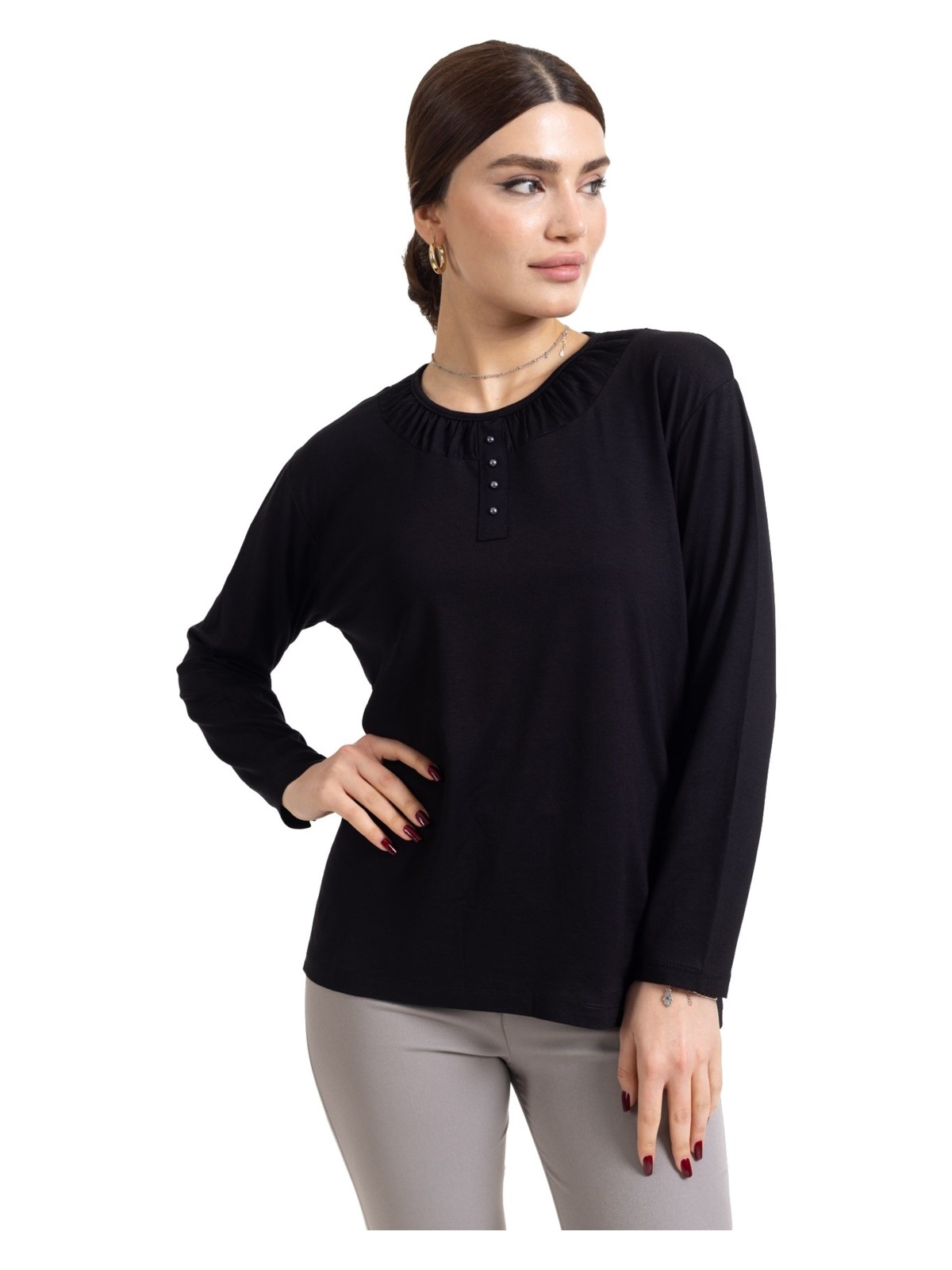 Mutlu City Yeni Sezon 2024 Sade Desen Yuvarlak Yaka Regular Kalıp Anne Penye Bluz 6380