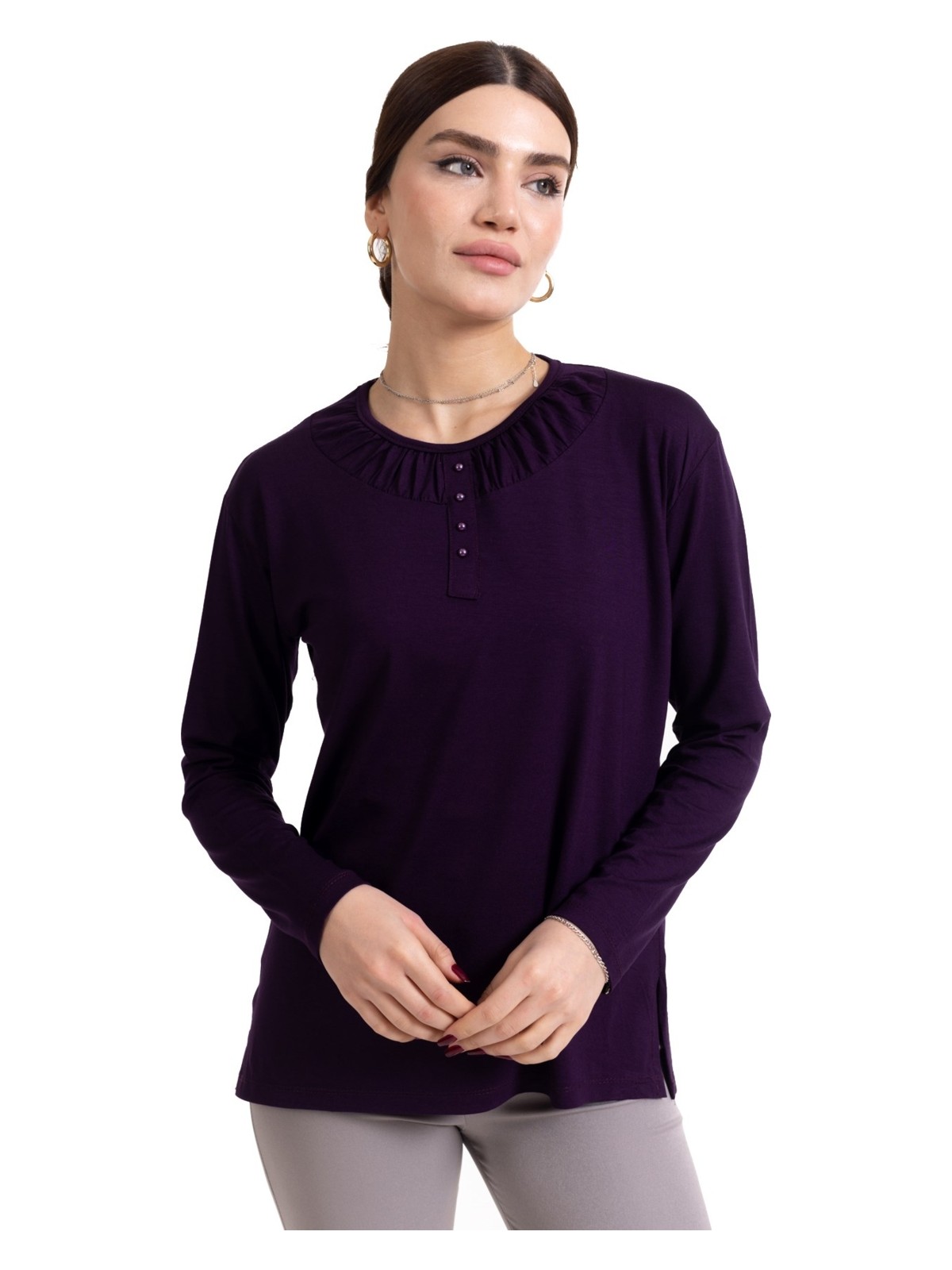 Mutlu City Yeni Sezon 2024 Sade Desen Yuvarlak Yaka Regular Kalıp Anne Penye Bluz 6380 - Görsel 4