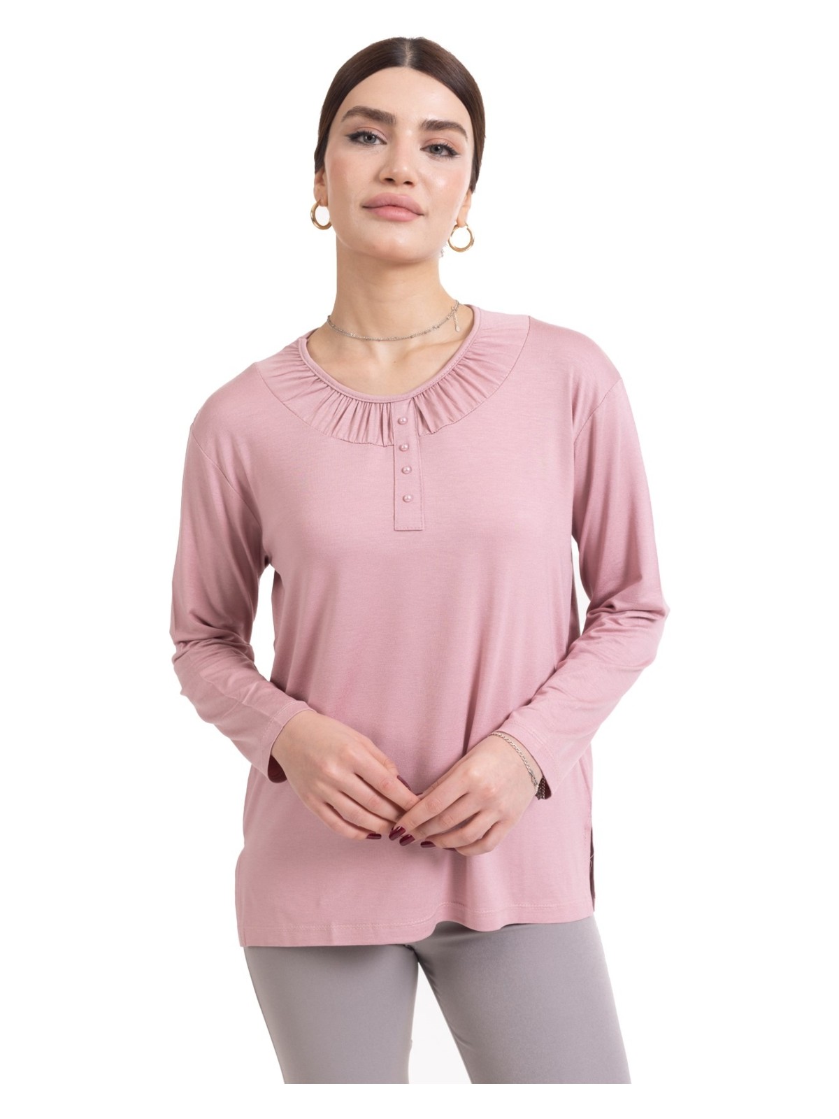 Mutlu City Yeni Sezon 2024 Sade Desen Yuvarlak Yaka Regular Kalıp Anne Penye Bluz 6380 - Görsel 10