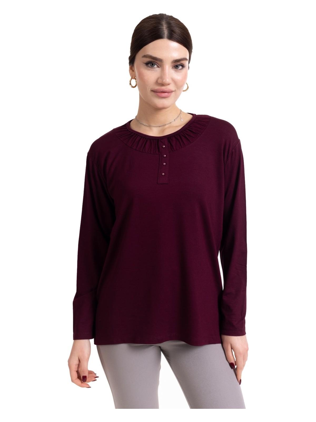 Mutlu City Yeni Sezon 2024 Sade Desen Yuvarlak Yaka Regular Kalıp Anne Penye Bluz 6380 - Görsel 9