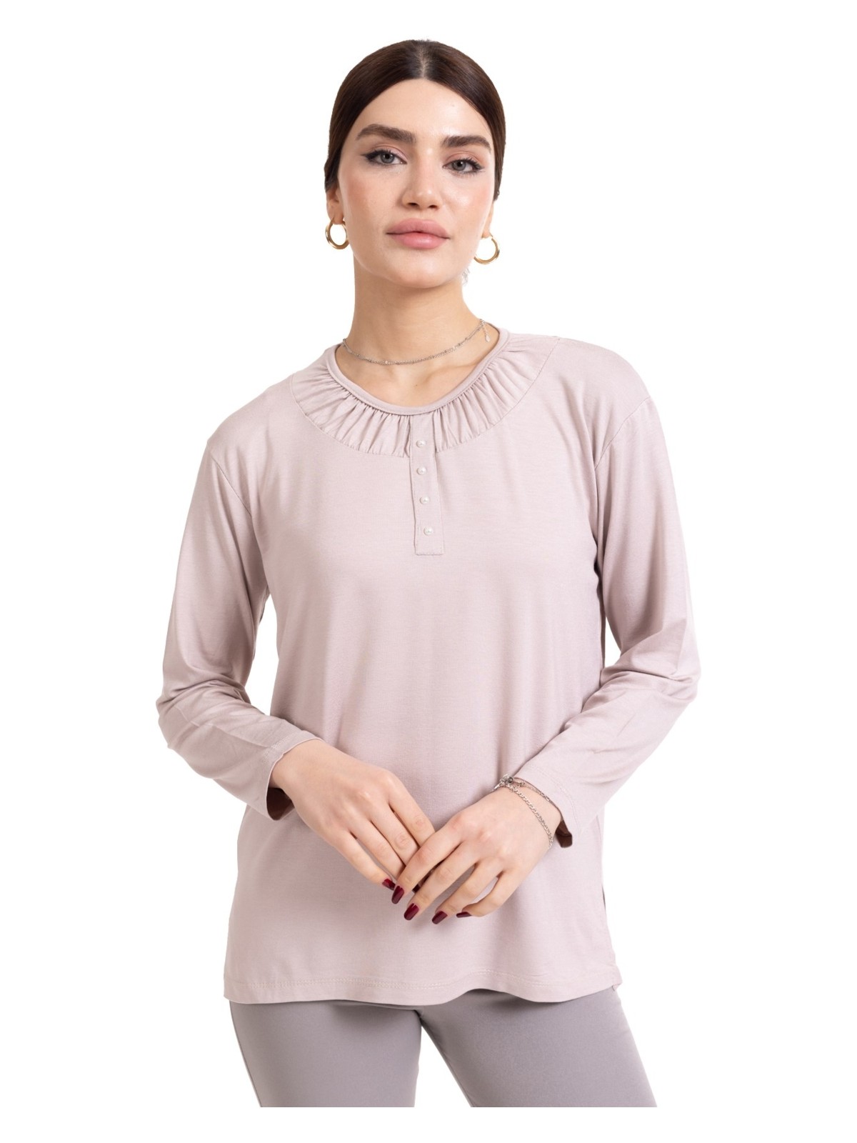 Mutlu City Yeni Sezon 2024 Sade Desen Yuvarlak Yaka Regular Kalıp Anne Penye Bluz 6380 - Görsel 5